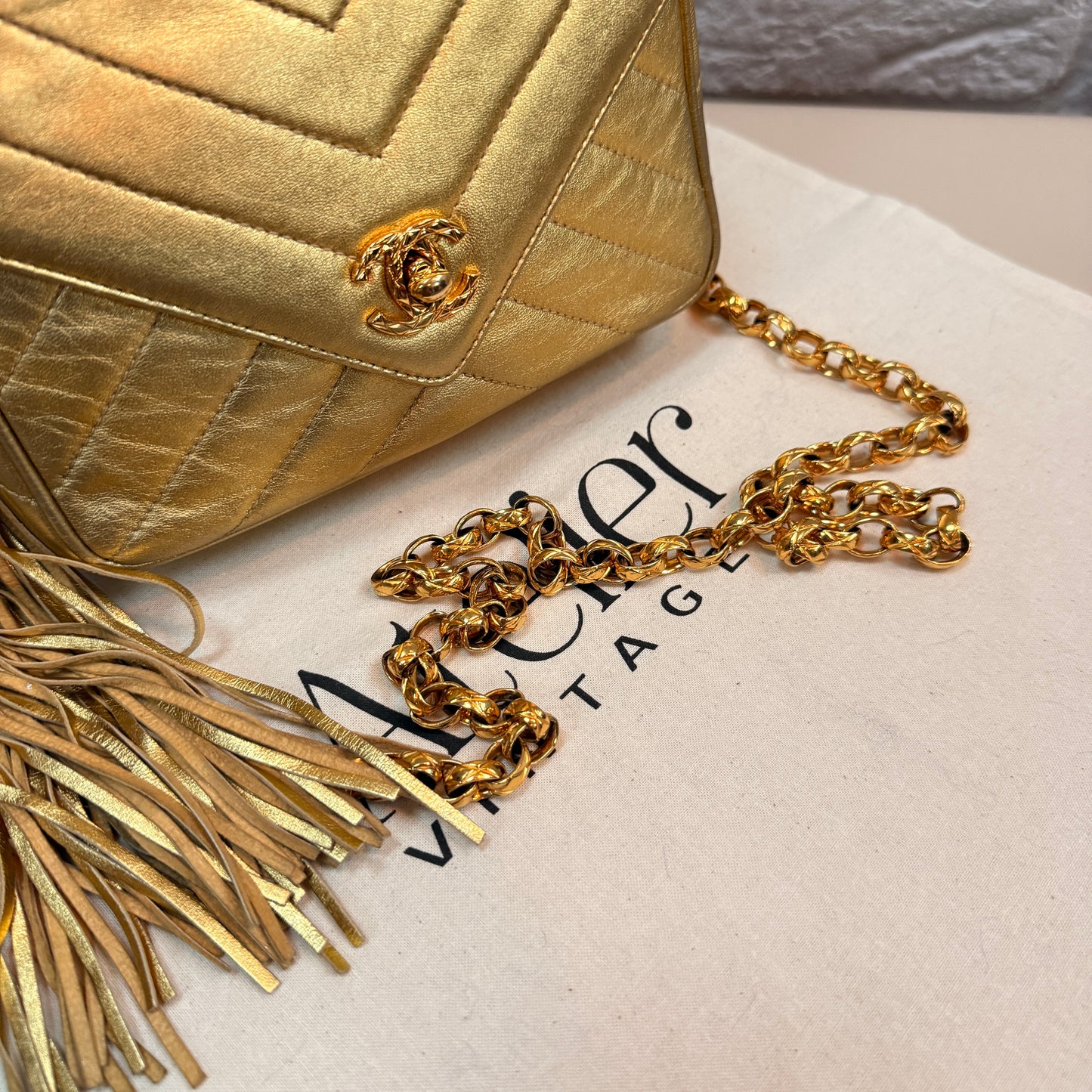 Chanel 1991 Ultra Rare Chevron Quilted Turnlock Camera Bag in Gold Lambskin Leather with 24k gold hardware