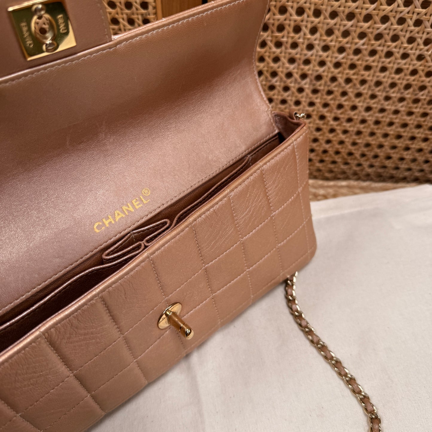 Chanel 2002 Blush Pink Irredescent East West Chocolate Bar Single Flap