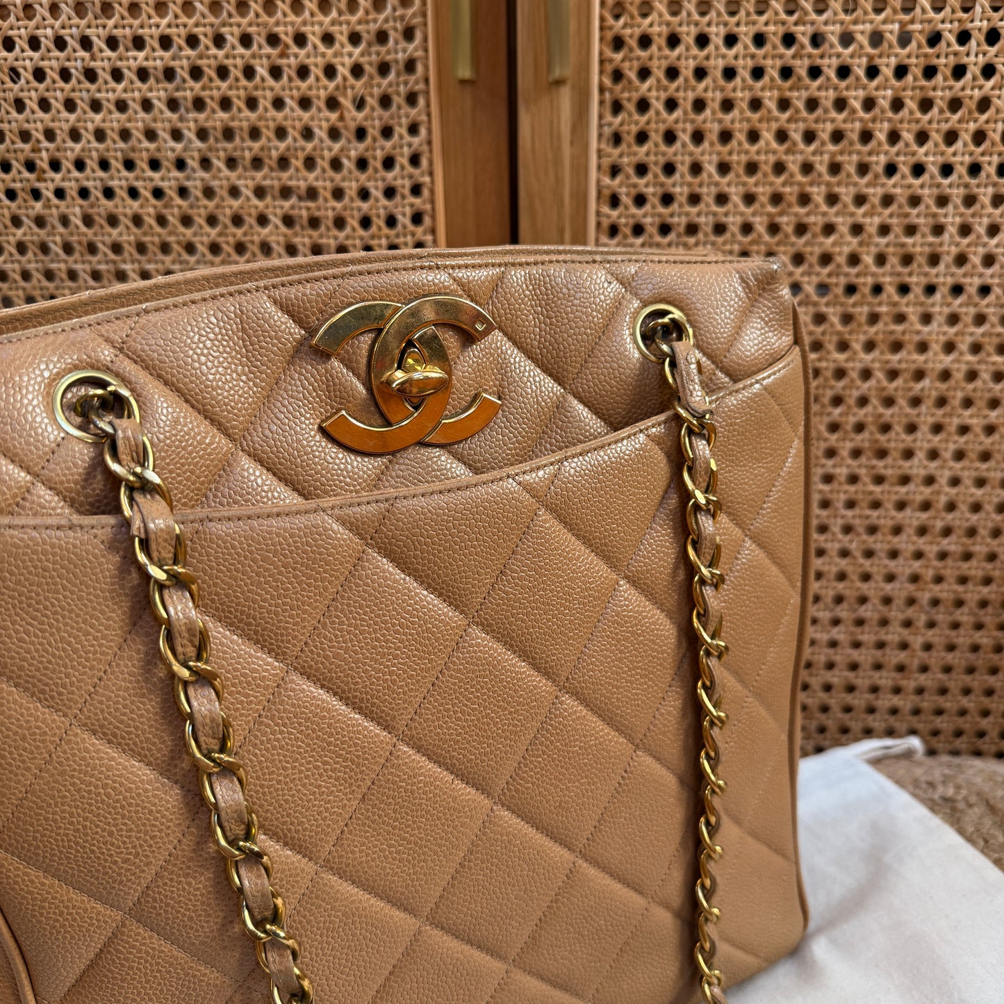 Chanel 1996 Dark Beige Caviar Tote with Jumbo CC Turnlock