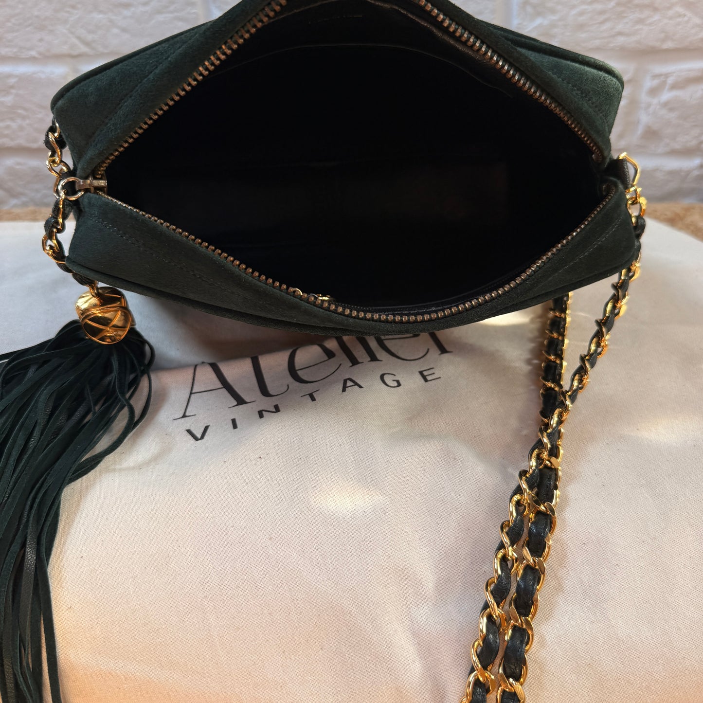 Chanel 1991 Green Suede Camera bag with 24k gold hardware