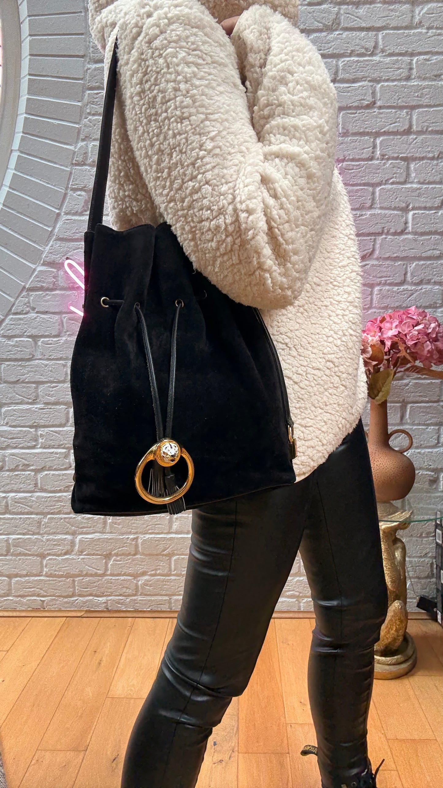 Gucci 1990s Rare Enamel Leopard Suede Bucket Bag