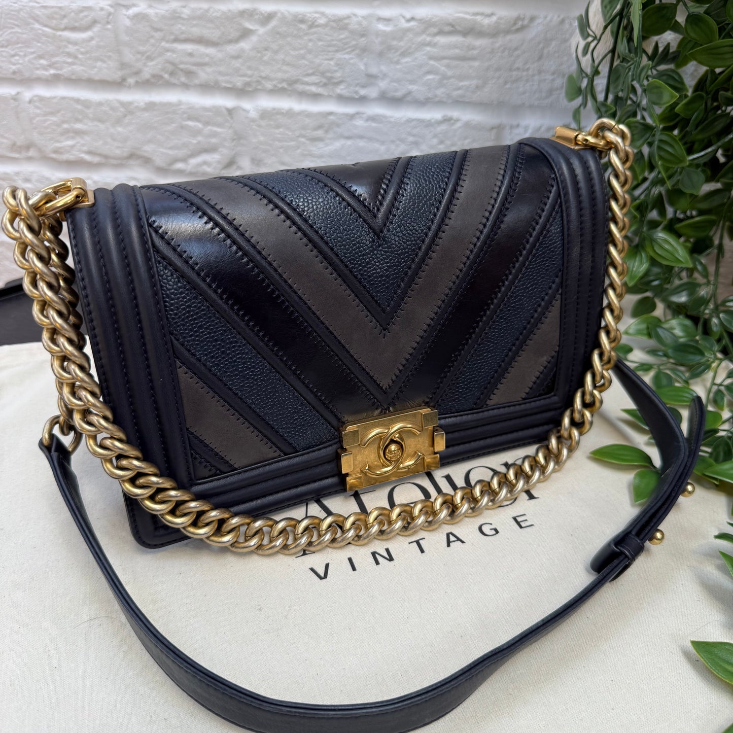 Chanel 2016 Rare Navy Le Boy Caviar & Calf Skin Chevron Old Medium