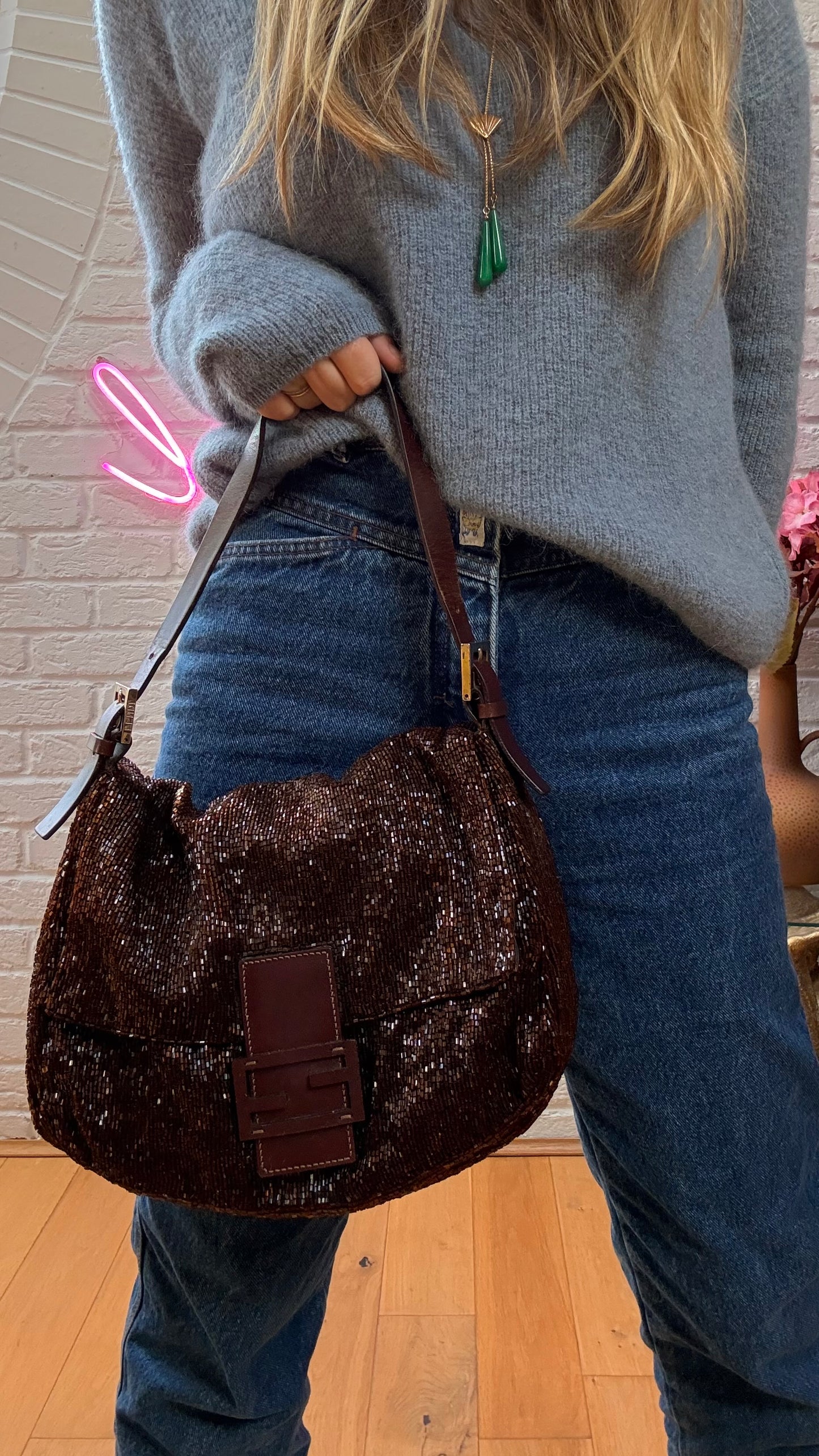 Fendi 2000 Rare Mamma Baguette Bronze - Limited Edition full glass beaded with chocolate leather