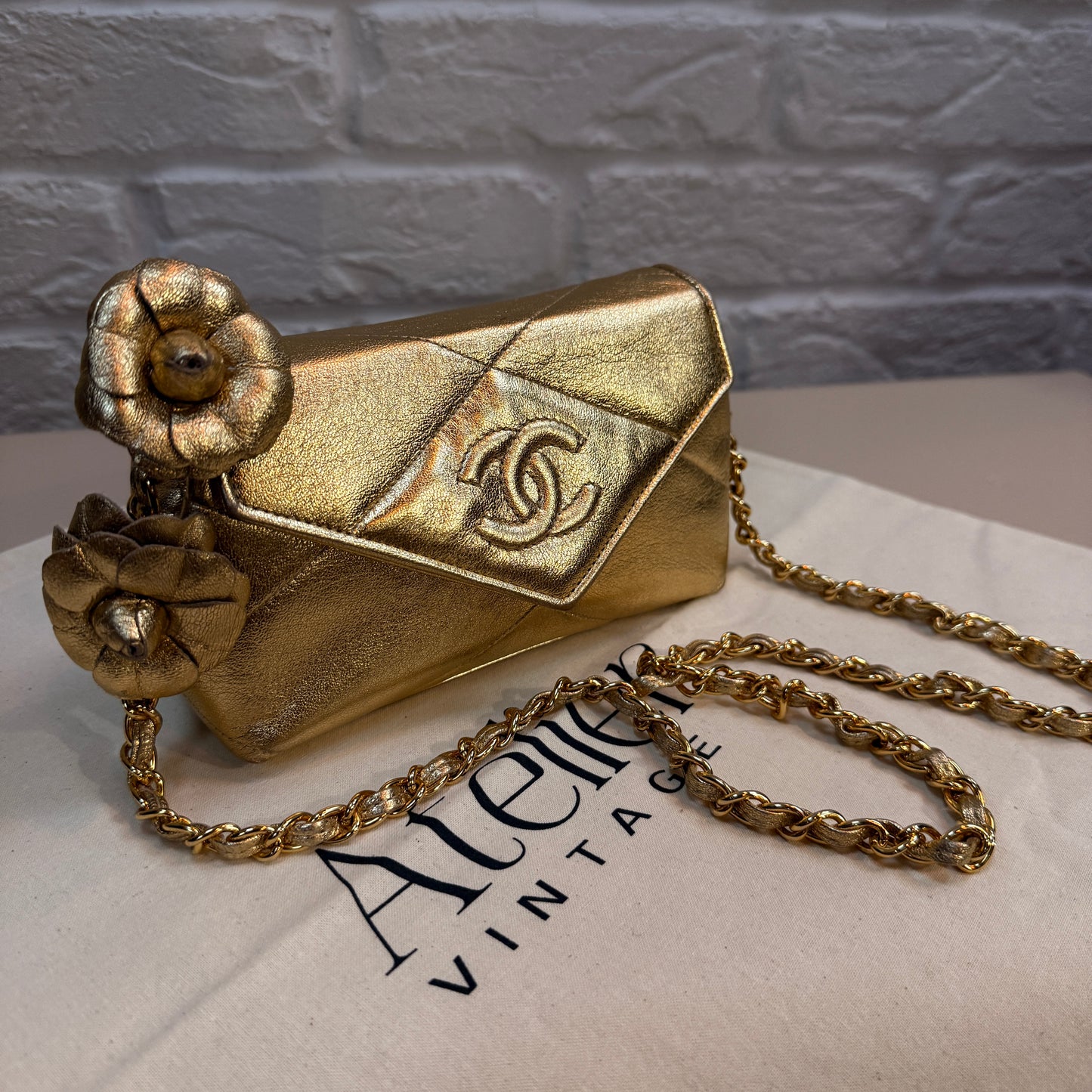 Chanel 1986 Ultra Rare Gold Lambskin Camellia Charm Envelope Flap