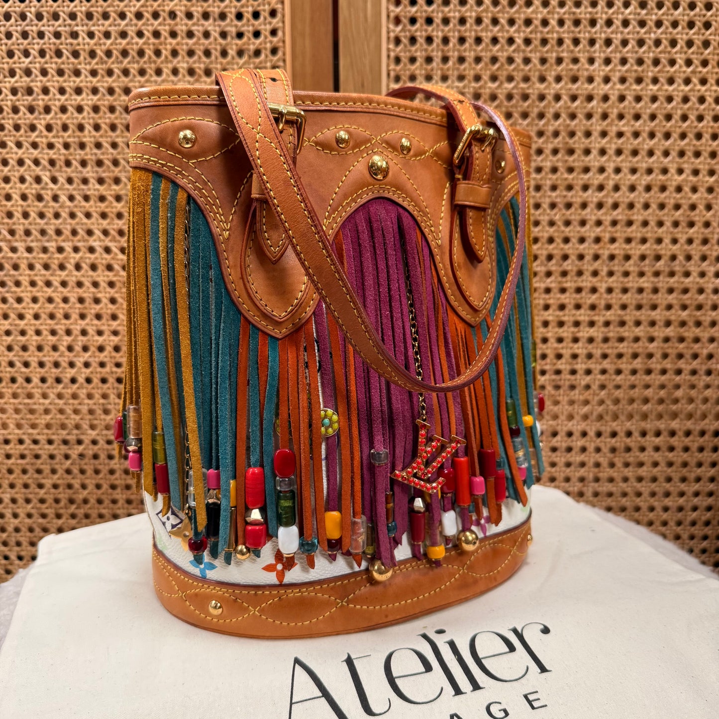 Louis Vuitton 2006 ULTRA RARE Murakami Suede and Beaded Fringe Bucket Bag