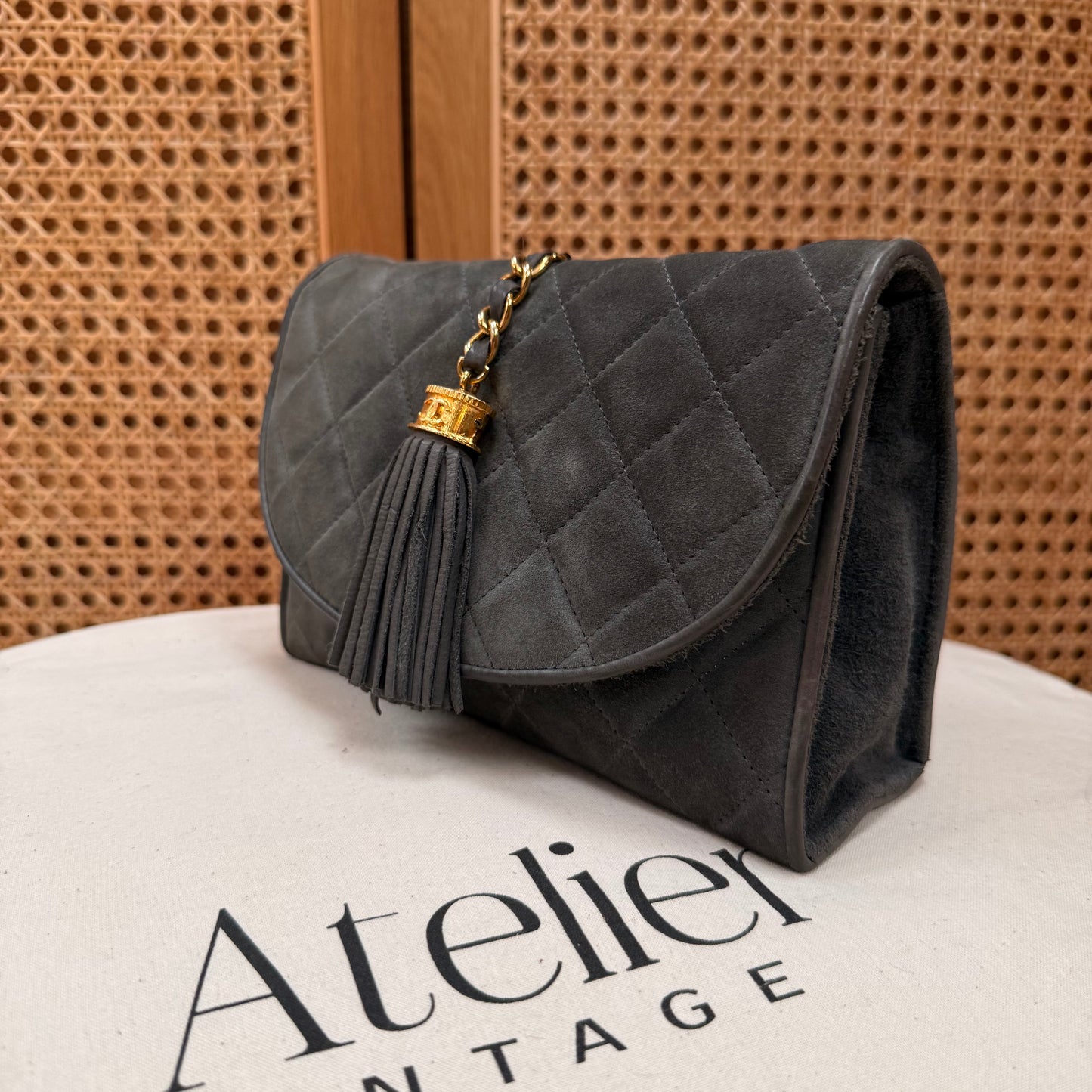 Chanel 1986 Grey Suede Tassel Clutch