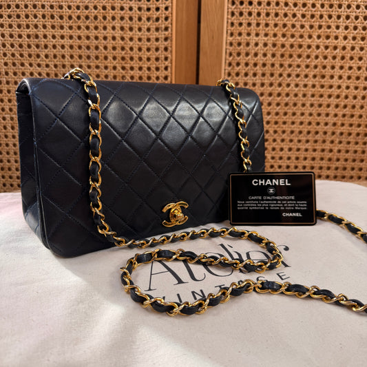 Chanel 1989 Rare Navy Classic Medium Rectangle Full Flap