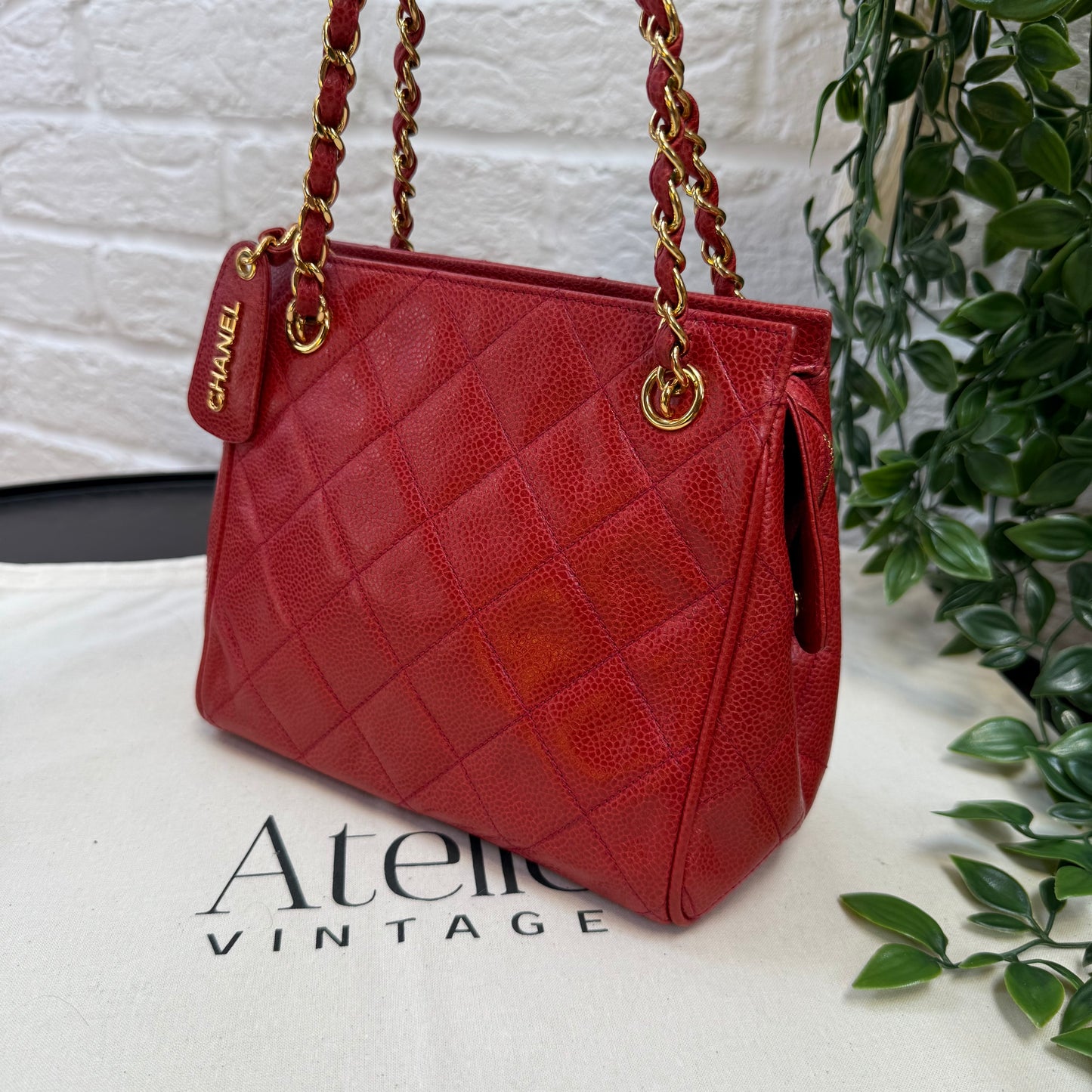Chanel 1989 Chanel Red Caviar CC Quilted Shoulder Bag