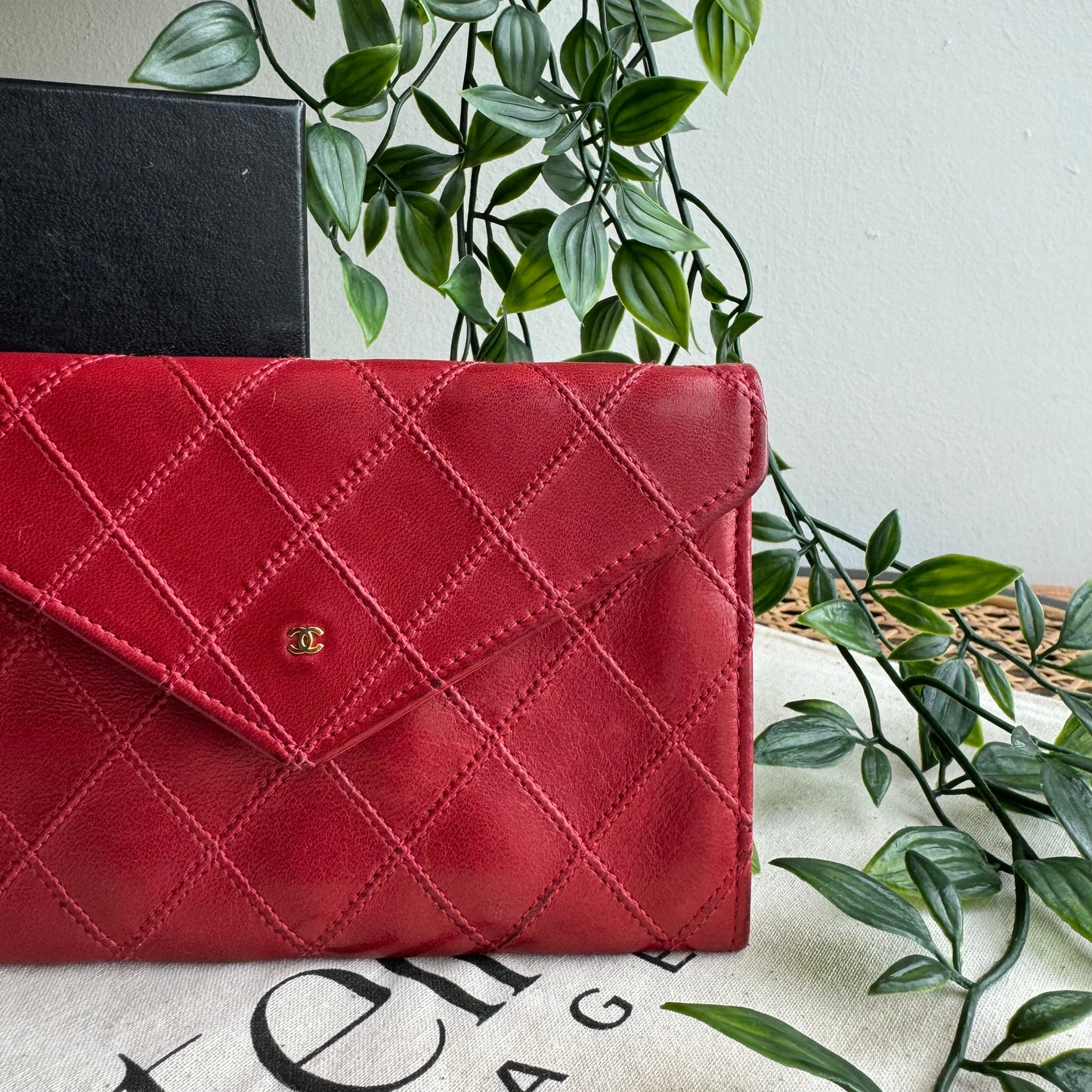 Chanel Rare Poppy Red 1991 Envelope Card & Coin Pouch Boxed