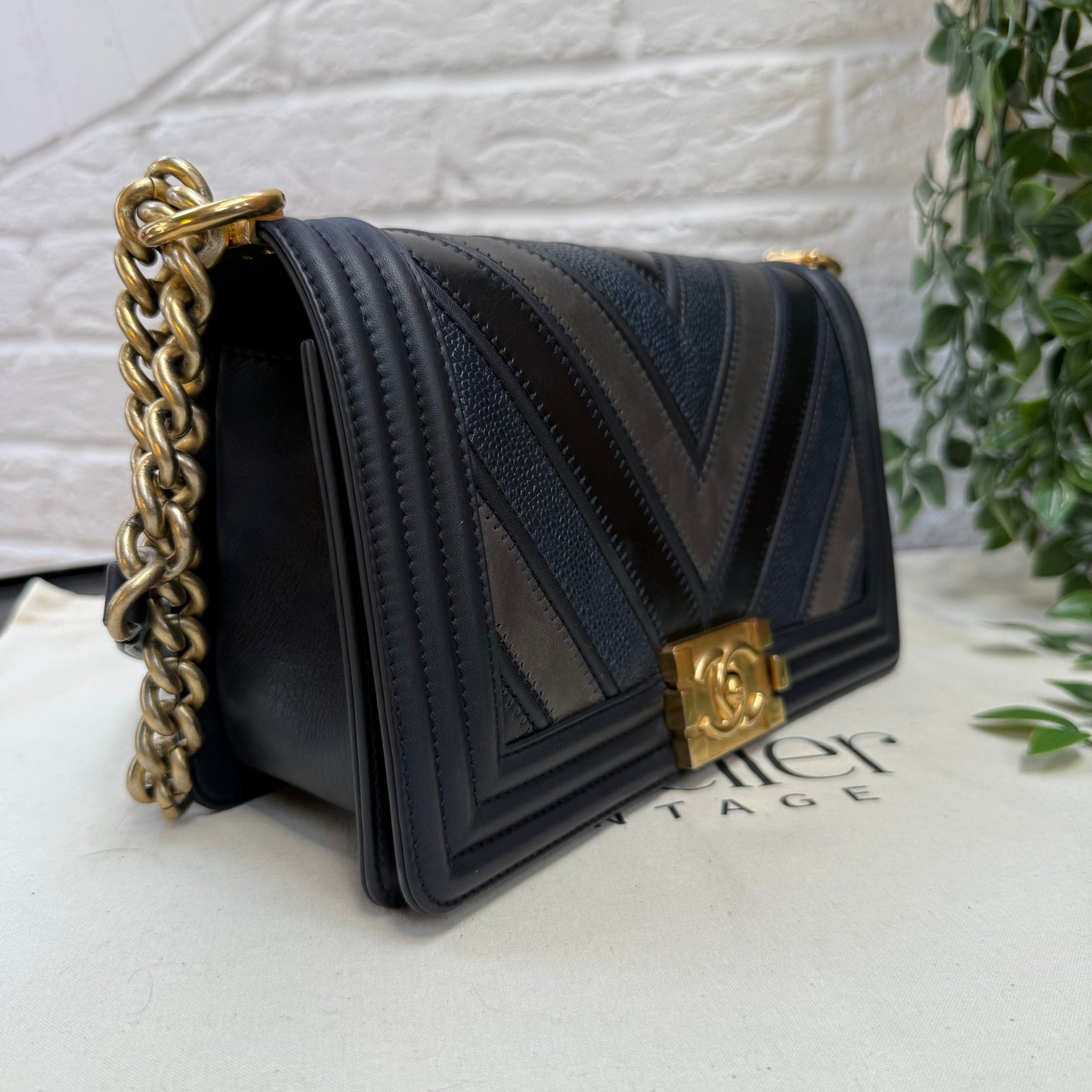 Chanel 2016 Rare Navy Le Boy Caviar & Calf Skin Chevron Old Medium