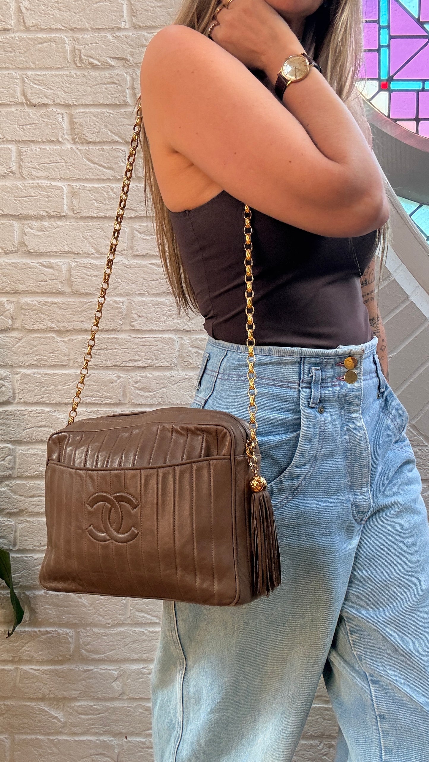 Chanel Rare 1980s Mademoiselle Camera Bag with Bijoux chain in Taupe