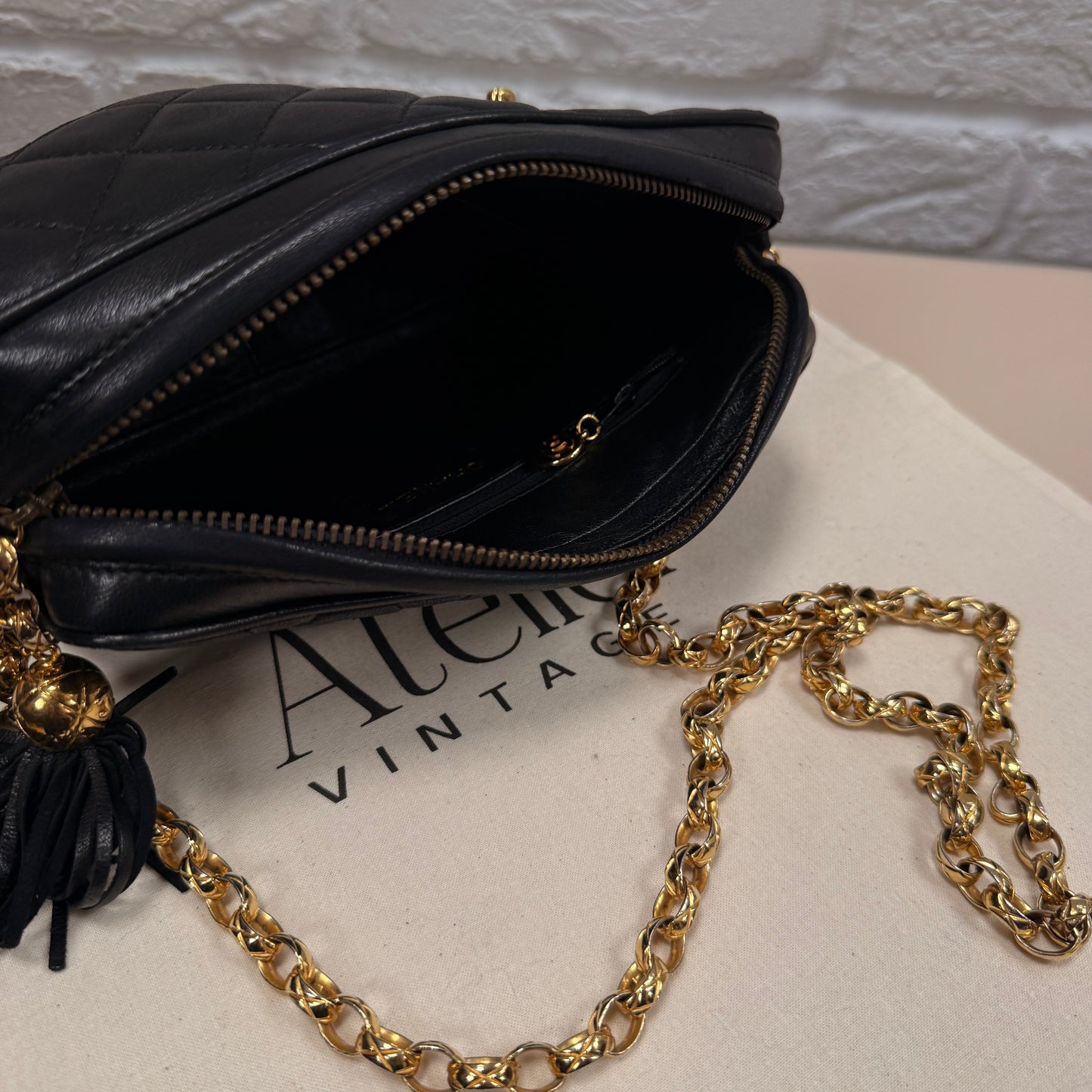 Chanel 1991 Rare Turnlock Camera Bag with bijoix chain in black Lambskin leather and 24k gold hardware