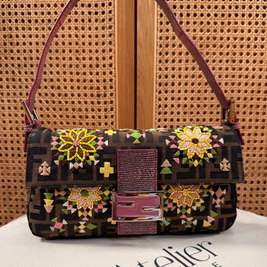 Fendi 2004 Rare Baguette Embroidered Zucca Print - Limited Edition glass bead and embroidered with exotic leather
