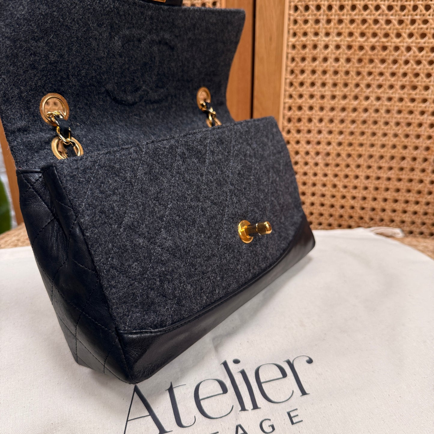 Chanel 1989 Rare Charcoal Tweed Wood & Black Leather Single flap & Purse Set