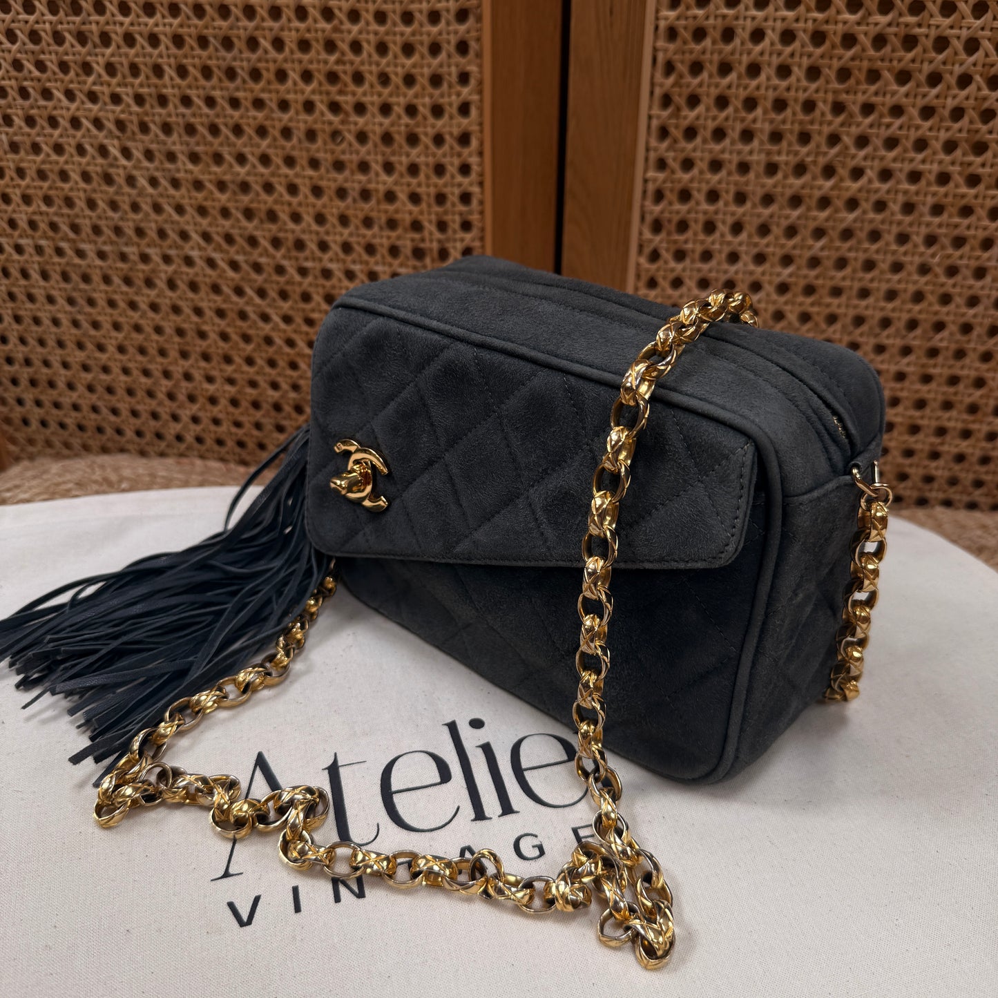 Chanel 1994 rare camera bag with bijoux chain in slate grey suede