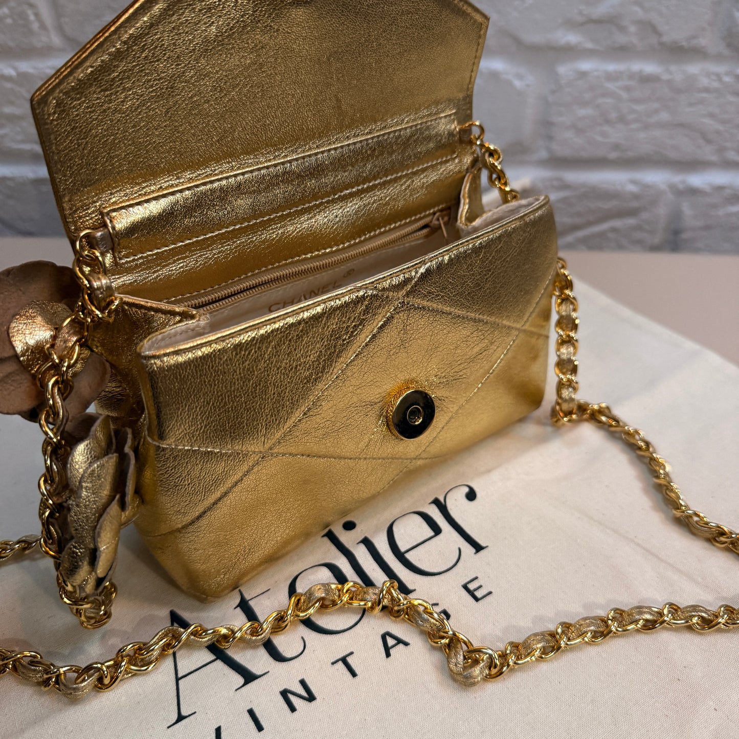 Chanel 1986 Ultra Rare Gold Lambskin Camellia Charm Envelope Flap