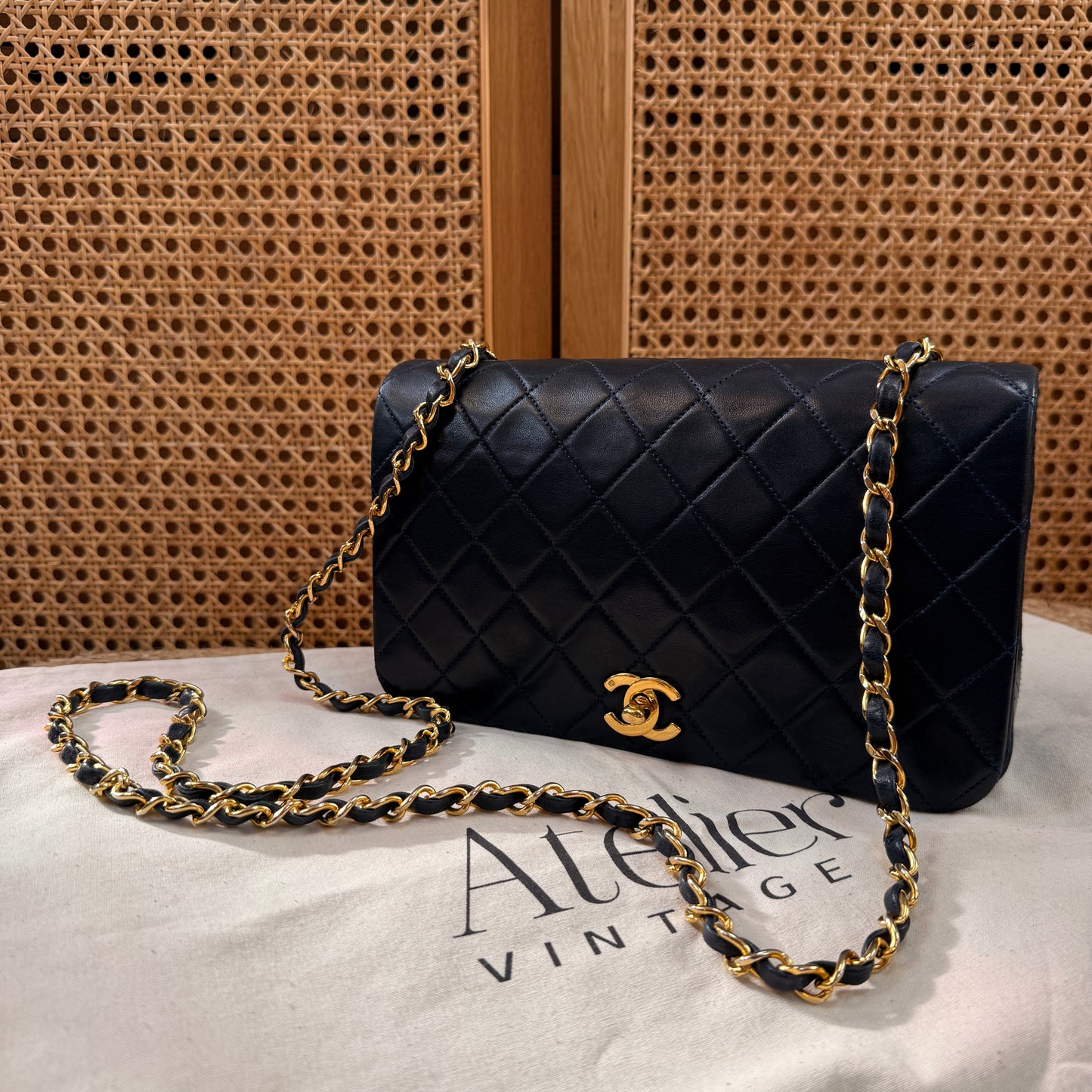 Chanel 1989 Rare Navy Classic Medium Rectangle Full Flap