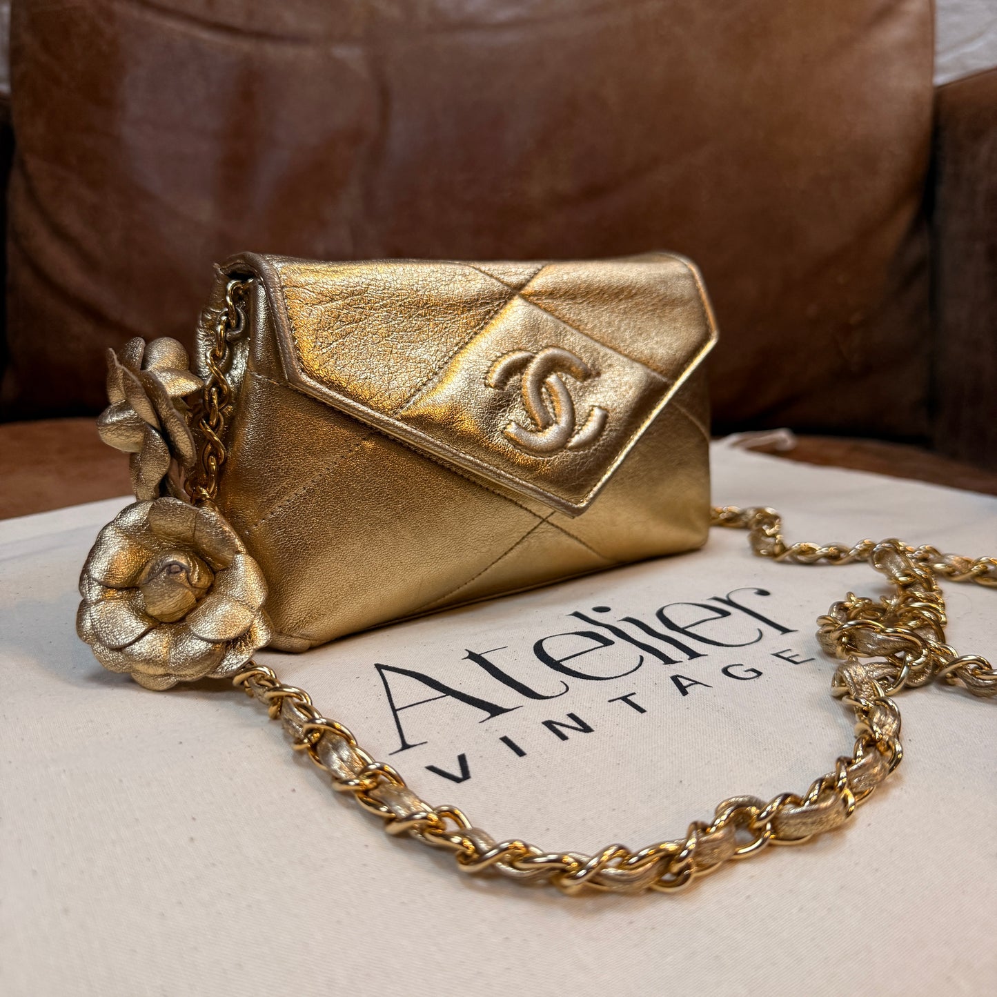 Chanel 1986 Ultra Rare Gold Lambskin Camellia Charm Envelope Flap