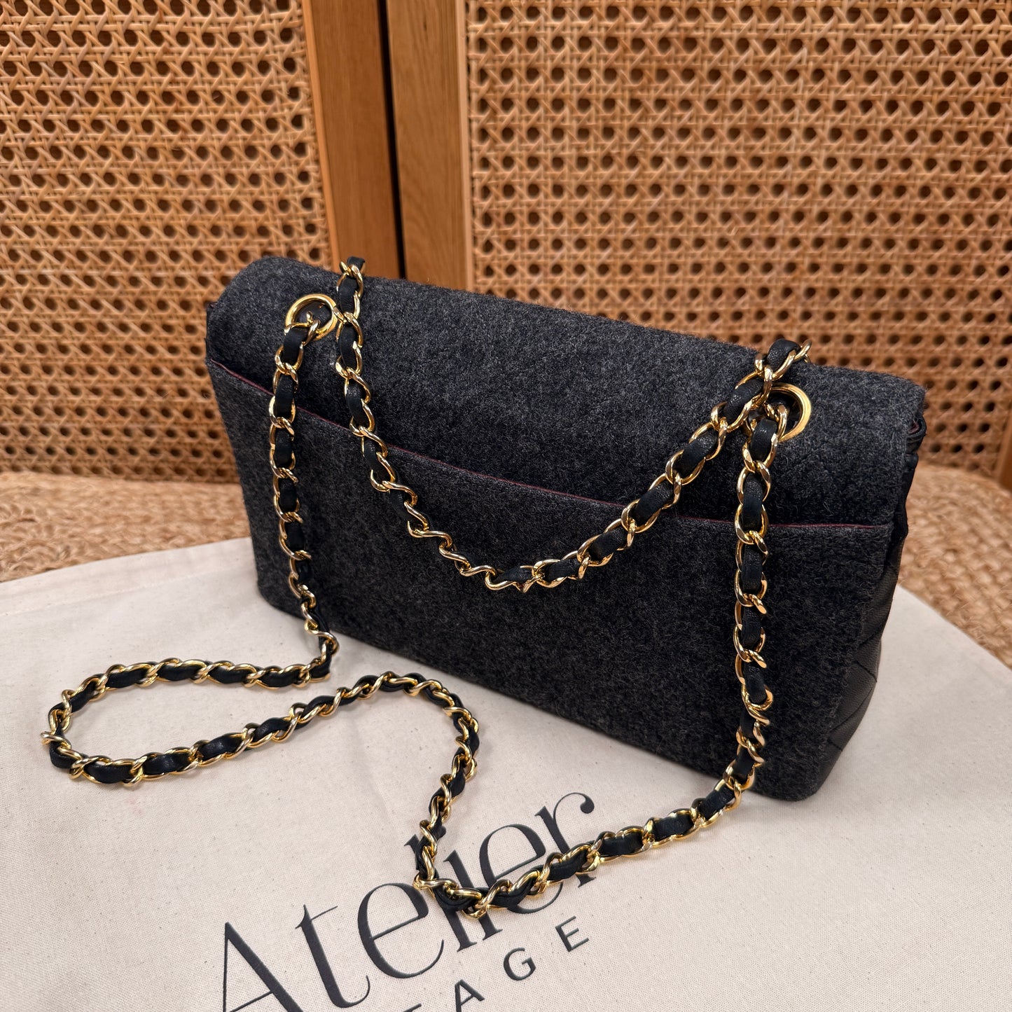 Chanel 1989 Rare Charcoal Tweed Wood & Black Leather Single flap & Purse Set