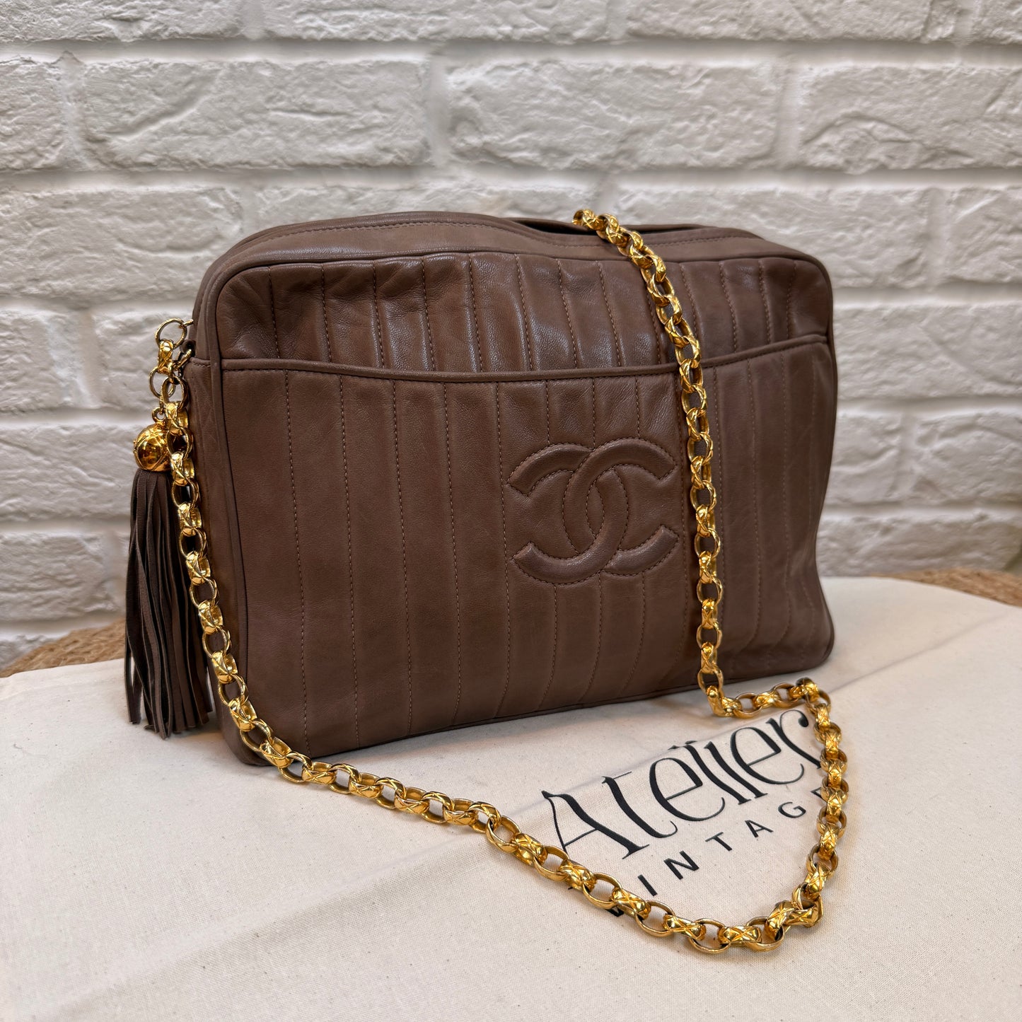 Chanel Rare 1980s Mademoiselle Camera Bag with Bijoux chain in Taupe