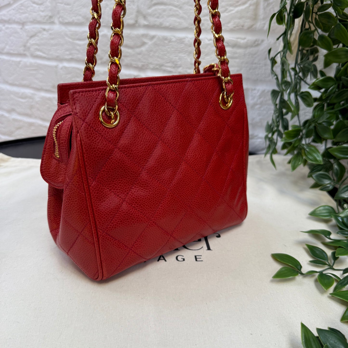 Chanel 1989 Chanel Red Caviar CC Quilted Shoulder Bag