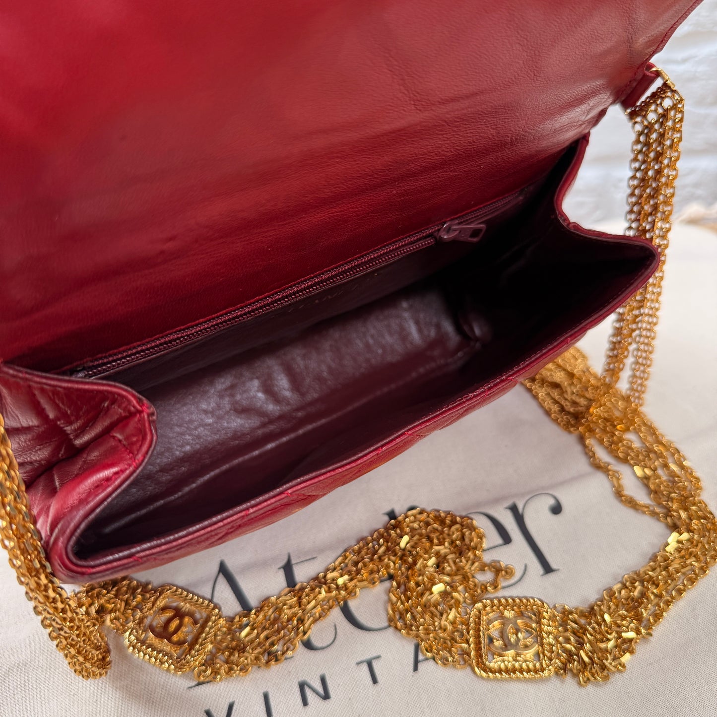 Chanel ULTRA RARE 1986 Single Flap with six strand 24k gold plated chain with CC logo stations