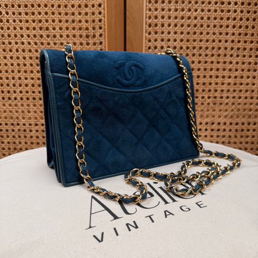 Chanel Rare 1989 Teal Suede CC Quilted Full Flap