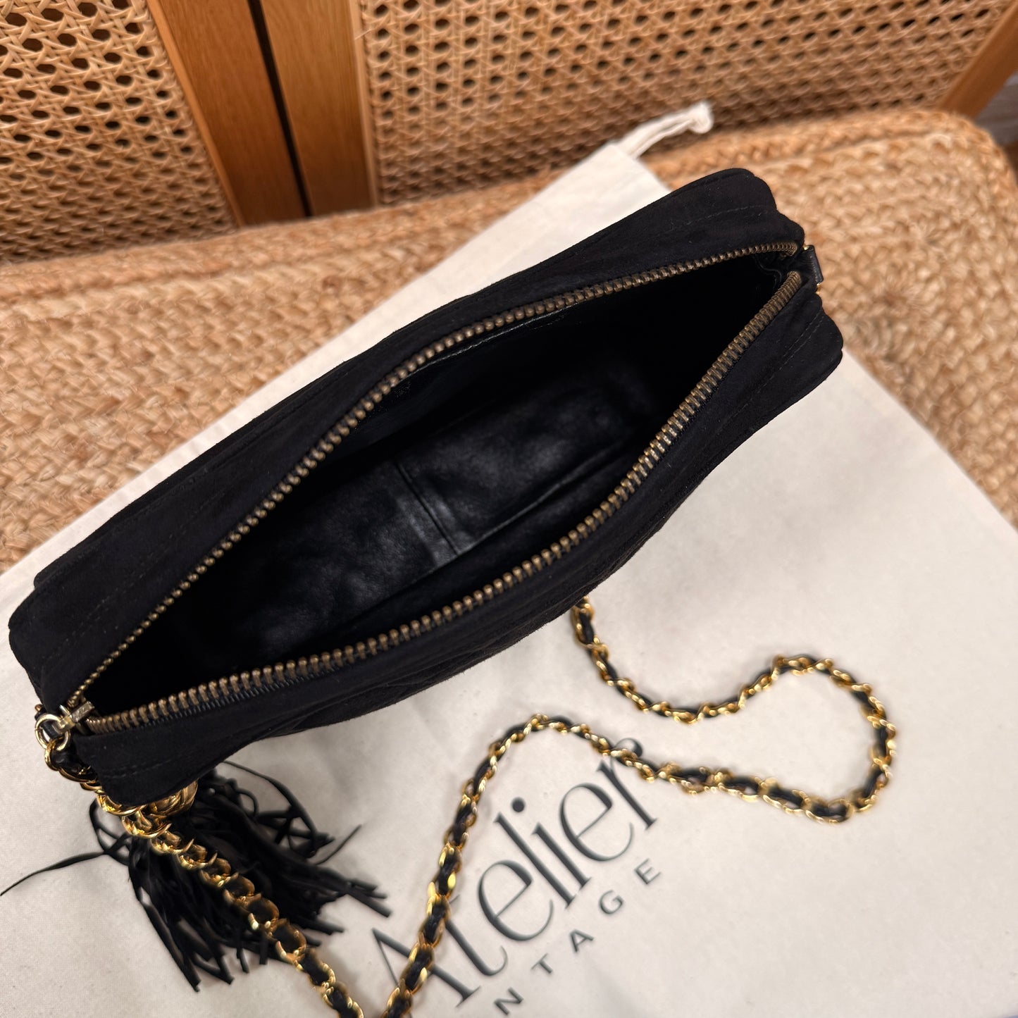 Chanel 1989 Rare Black Suede Front Flap Camera Bag