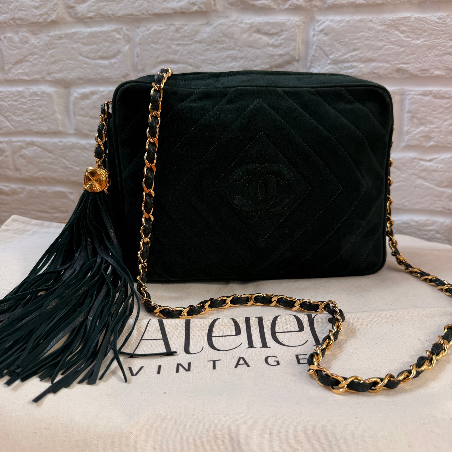 Chanel 1991 Green Suede Camera bag with 24k gold hardware