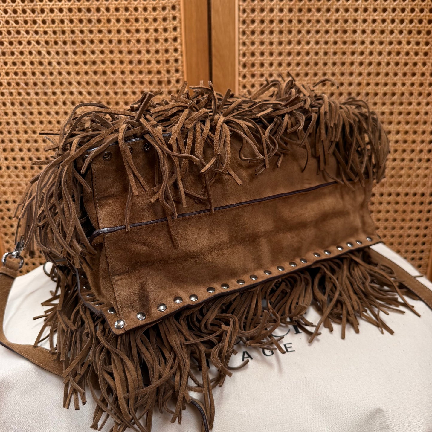 Prada Saffiano Two Way Suede Fringed tote