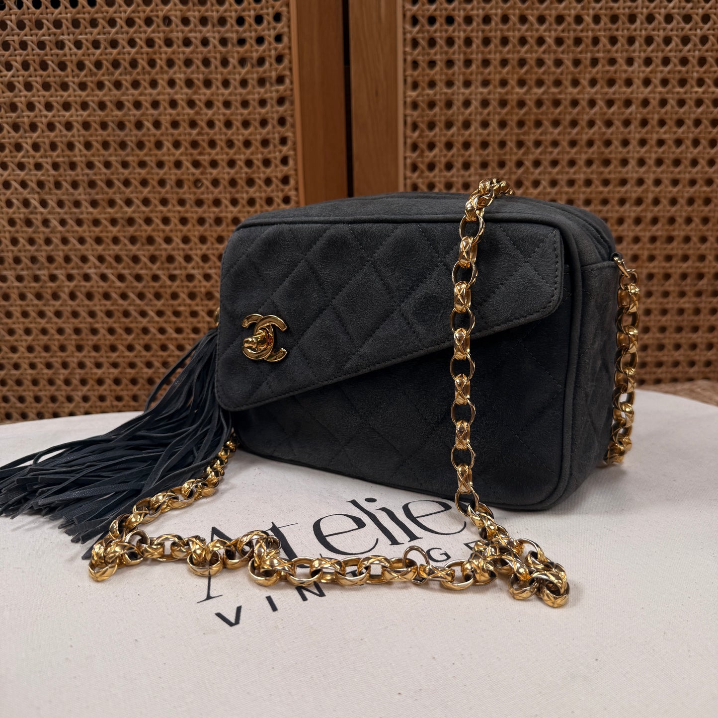 Chanel 1994 rare camera bag with bijoux chain in slate grey suede