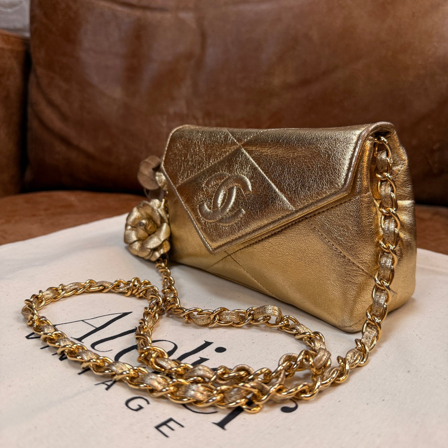Chanel 1986 Ultra Rare Gold Lambskin Camellia Charm Envelope Flap