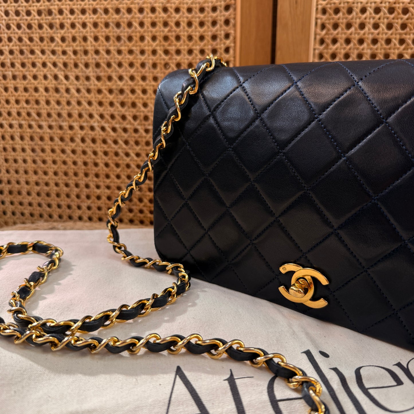 Chanel 1989 Rare Navy Classic Medium Rectangle Full Flap