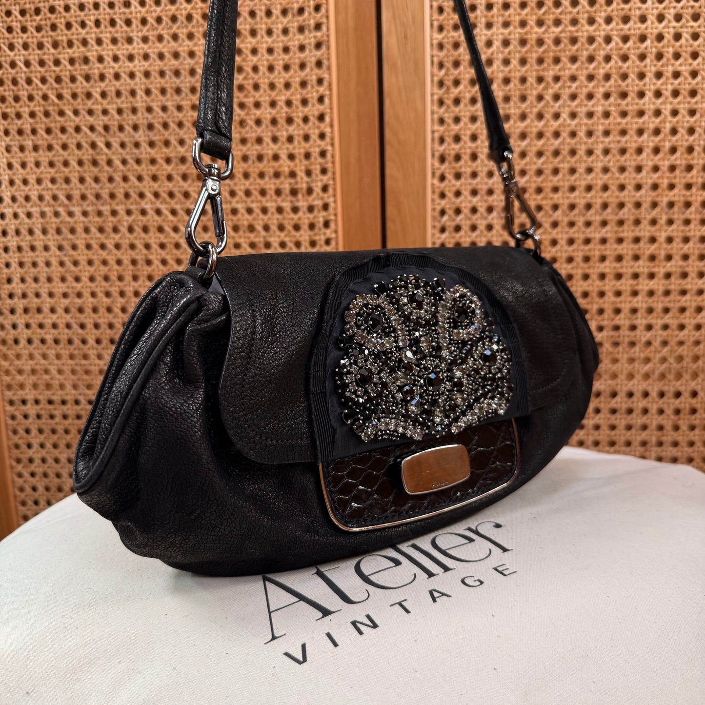 Prada 2002 Black & Embellished Jewel Two Way Shoulder Bag