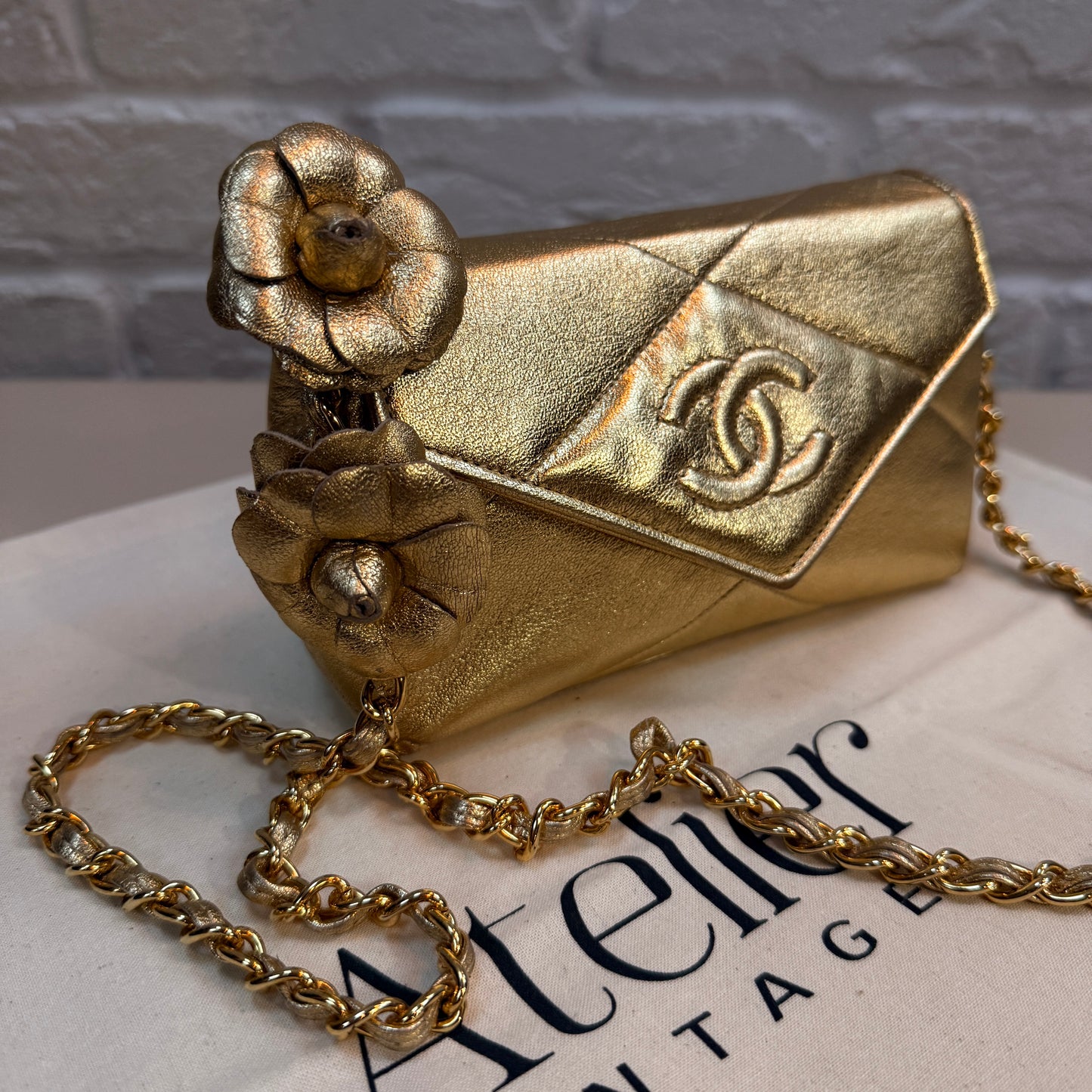 Chanel 1986 Ultra Rare Gold Lambskin Camellia Charm Envelope Flap