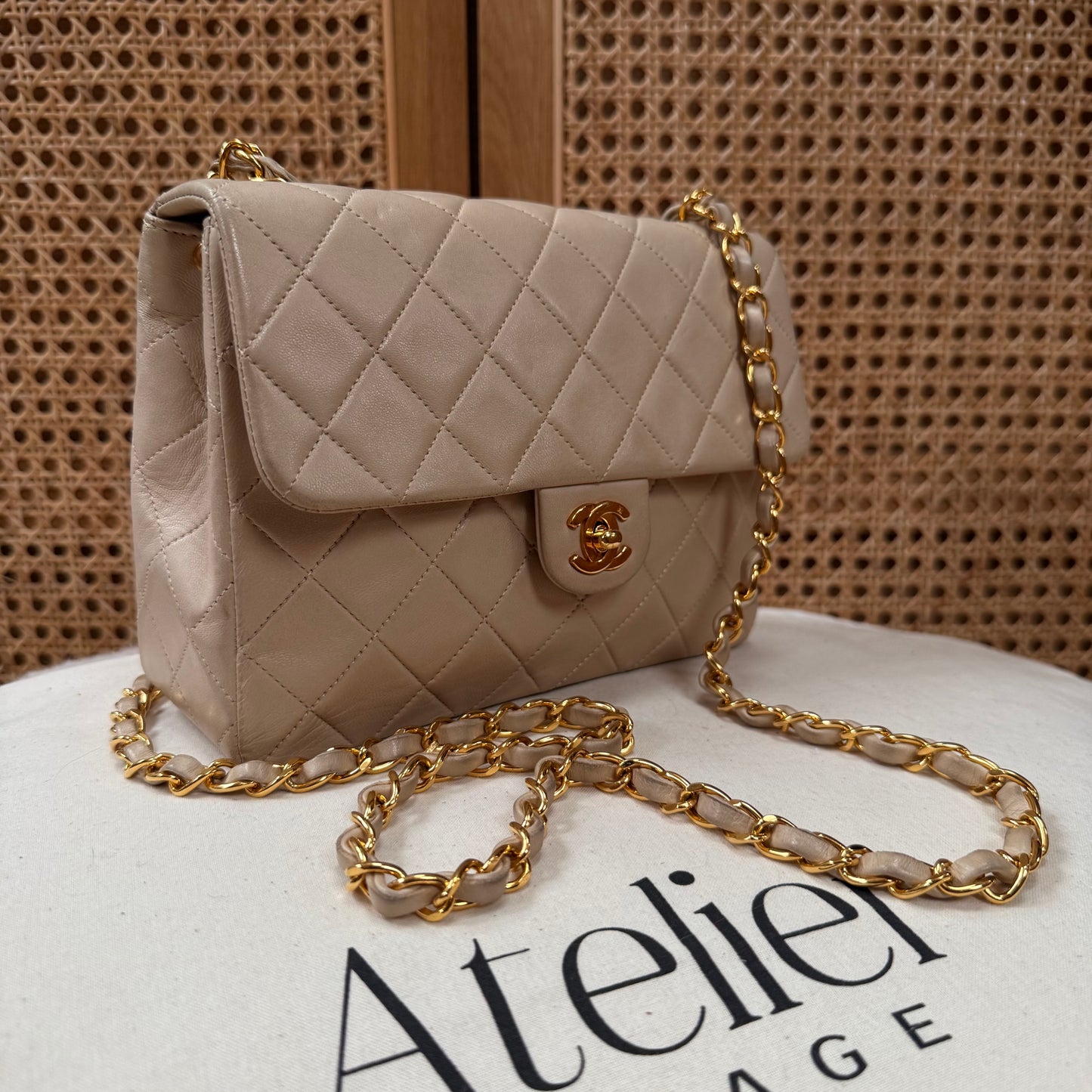 Chanel 1991 Beige Classic Medium Square Single Flap