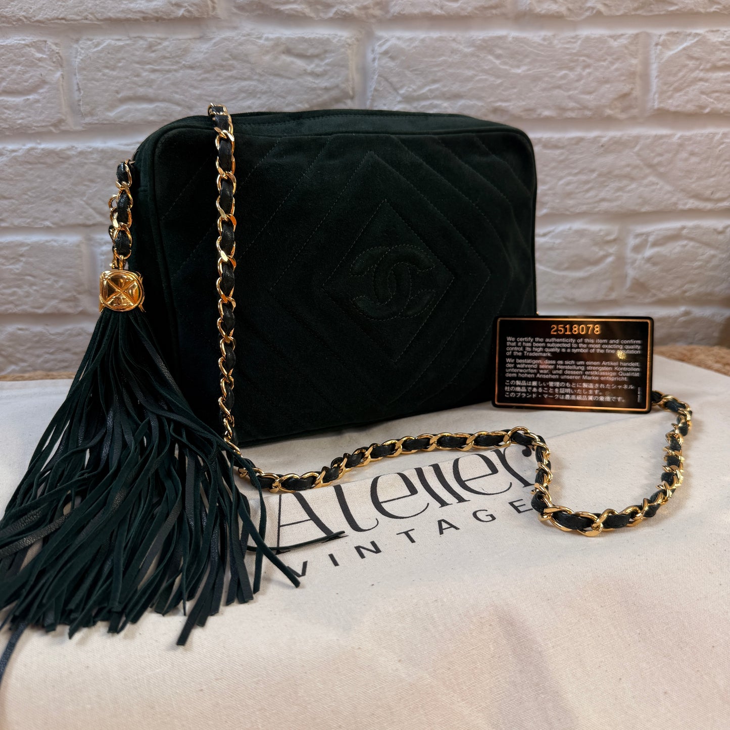 Chanel 1991 Green Suede Camera bag with 24k gold hardware