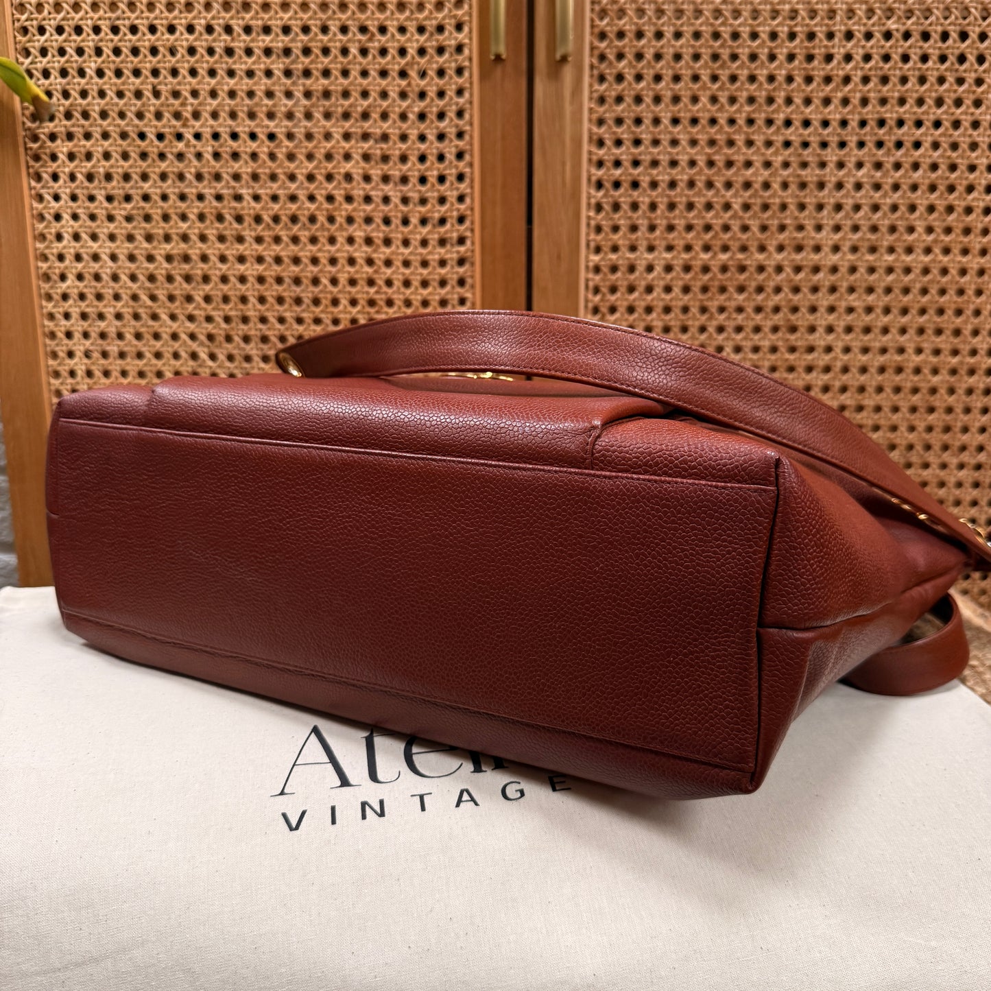 Chanel 1991 Rare Cognac Caviar leather tote with Turnlock front compartment