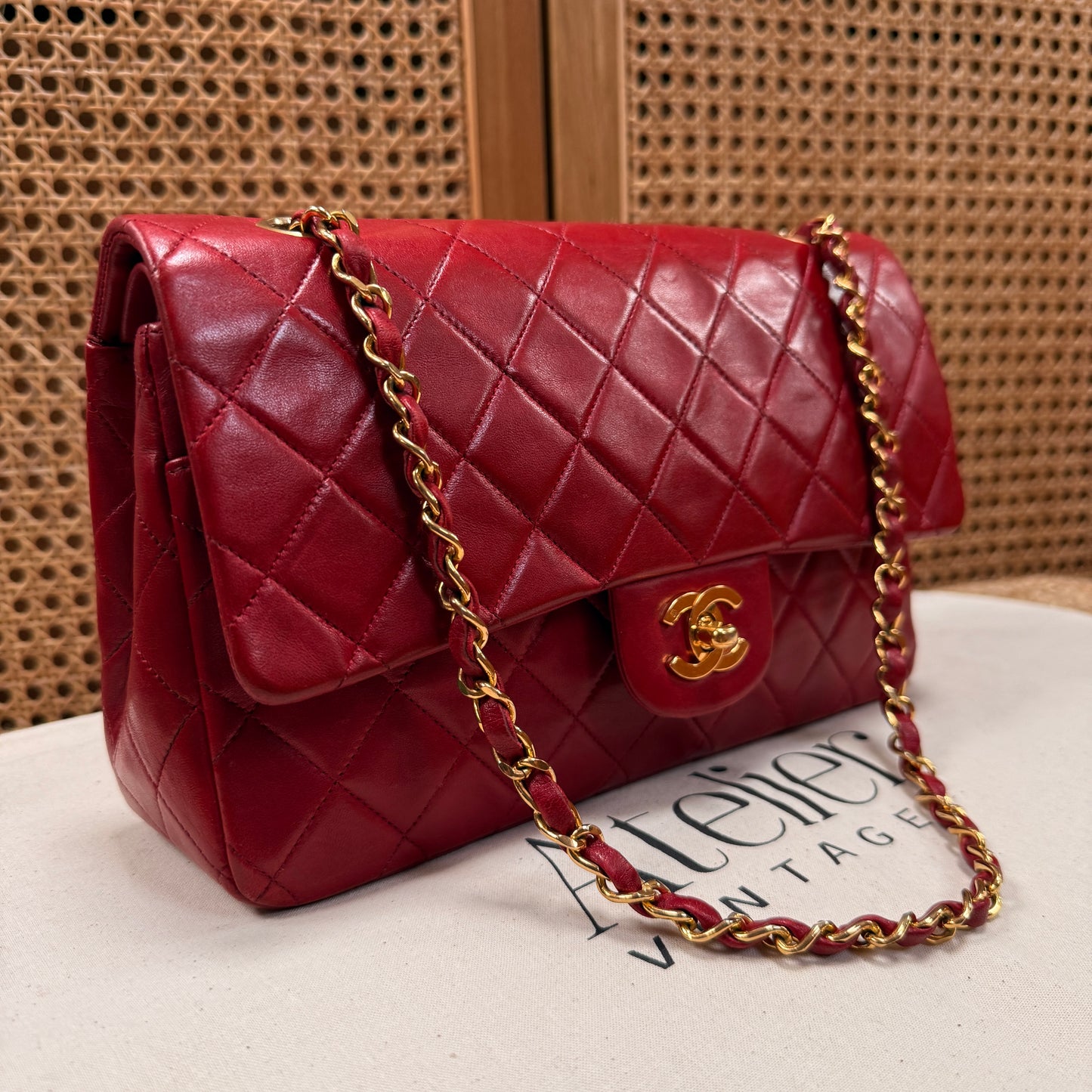 Chanel 1989 Red Lambskin Leather Classic Double Flap in Medium with 24k Gold Hardware