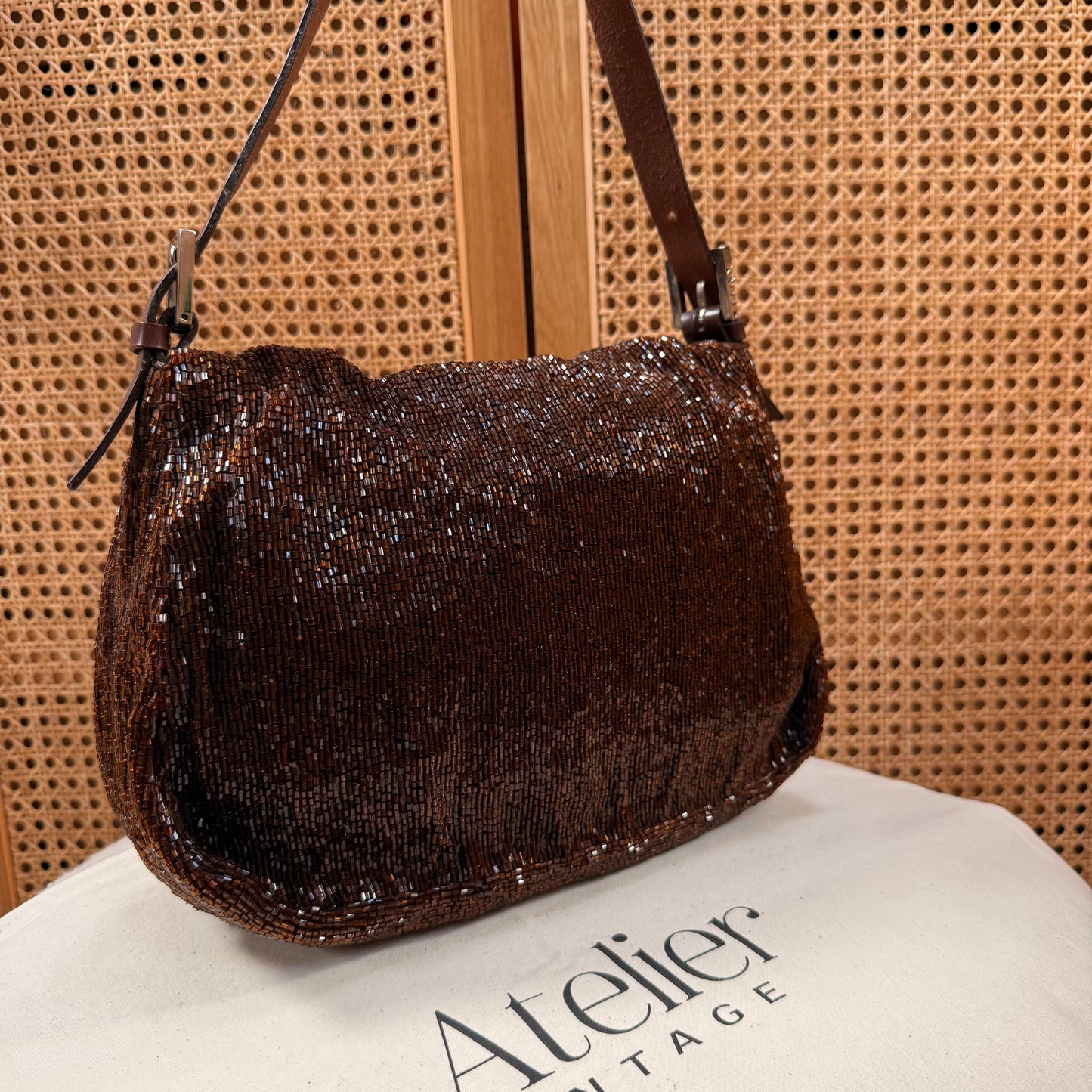 Fendi 2000 Rare Mamma Baguette Bronze - Limited Edition full glass beaded with chocolate leather