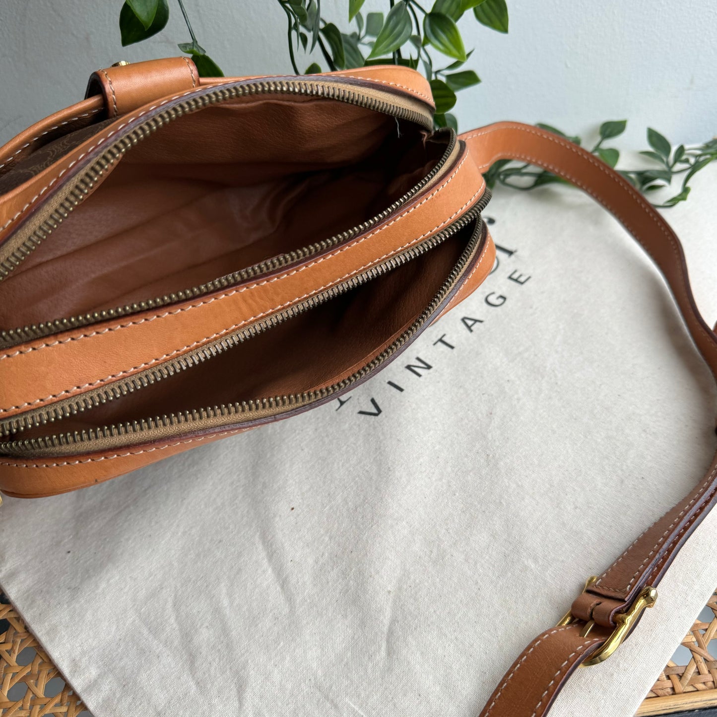 Celine Macadam Brown Double Zip Shoulder Bag