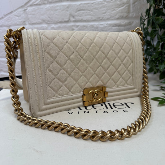 Chanel 2019 Rare Le Boy Ivory Beige Caviar Leather in Diamond Quilt