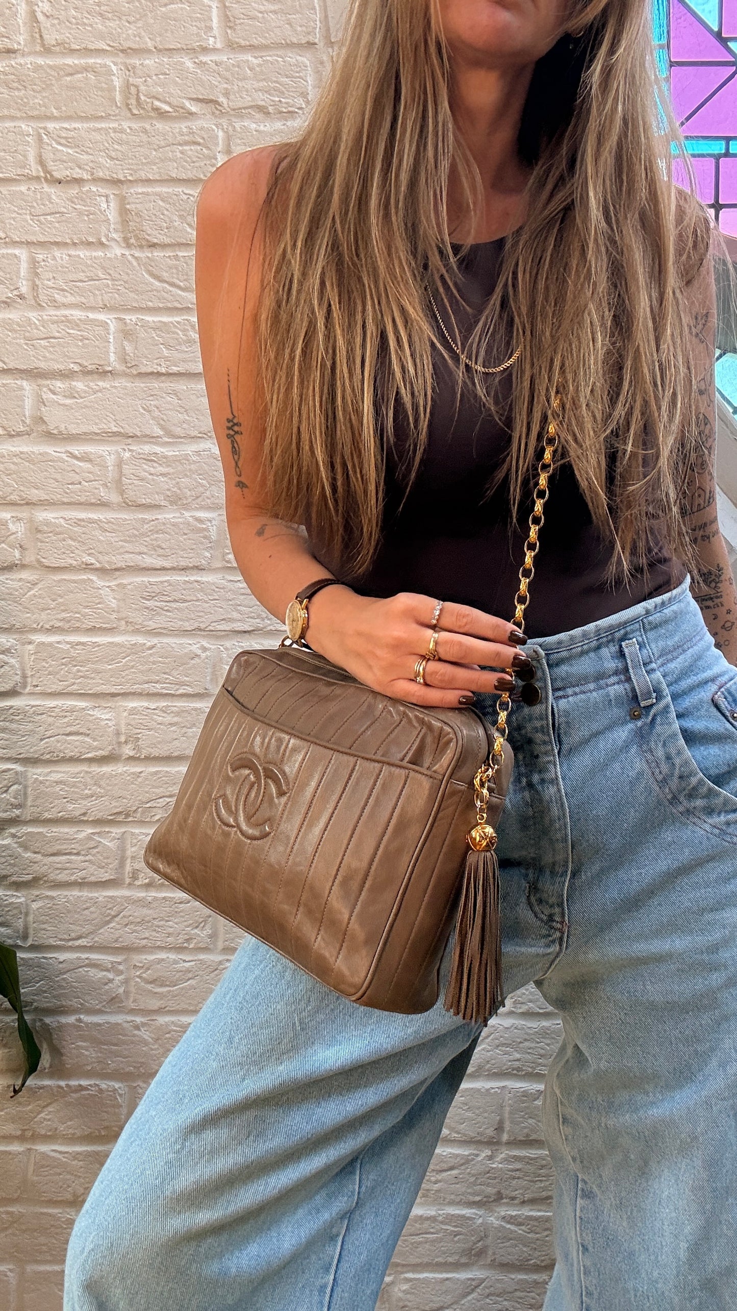 Chanel Rare 1980s Mademoiselle Camera Bag with Bijoux chain in Taupe