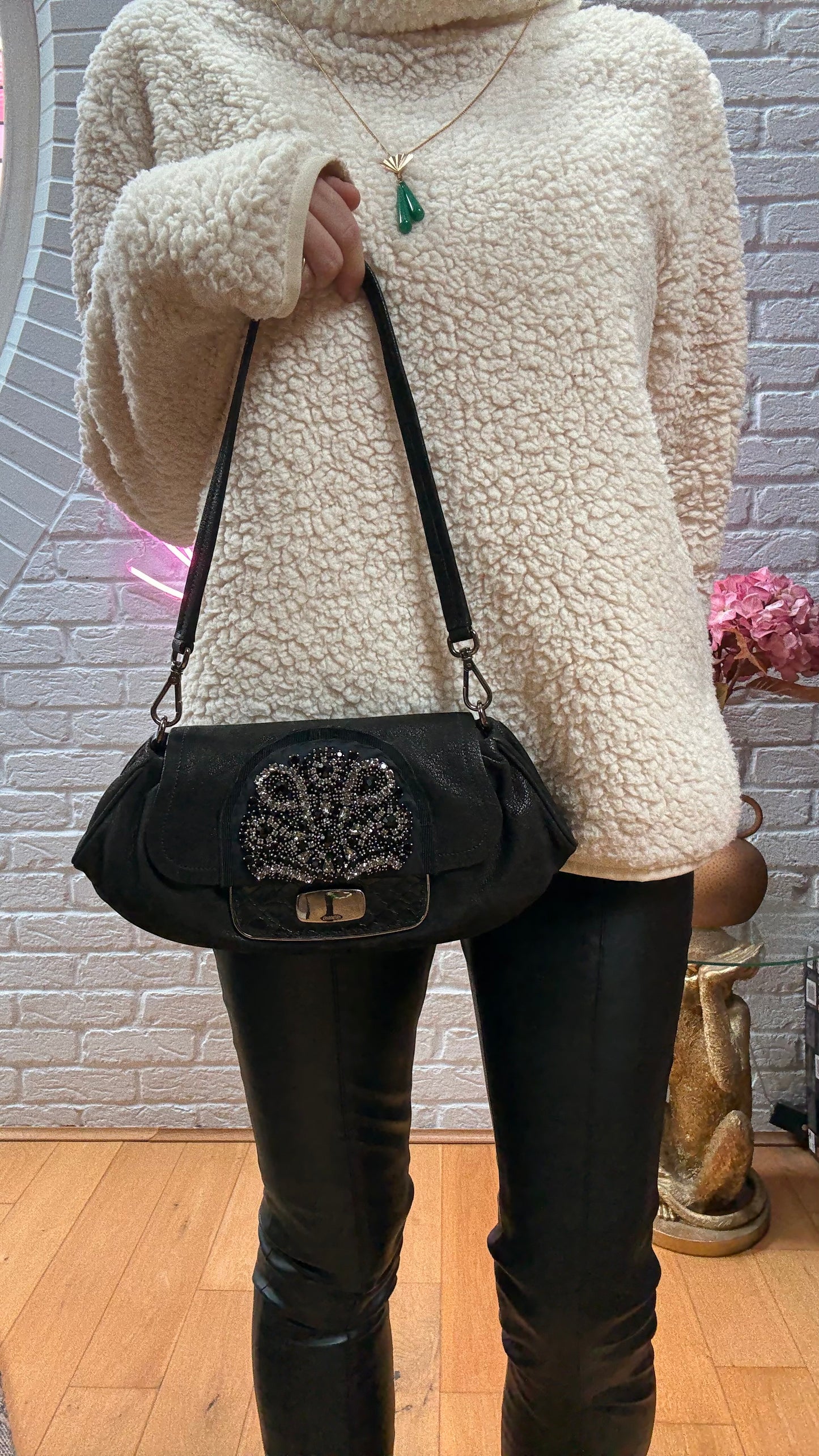 Prada 2002 Black & Embellished Jewel Two Way Shoulder Bag