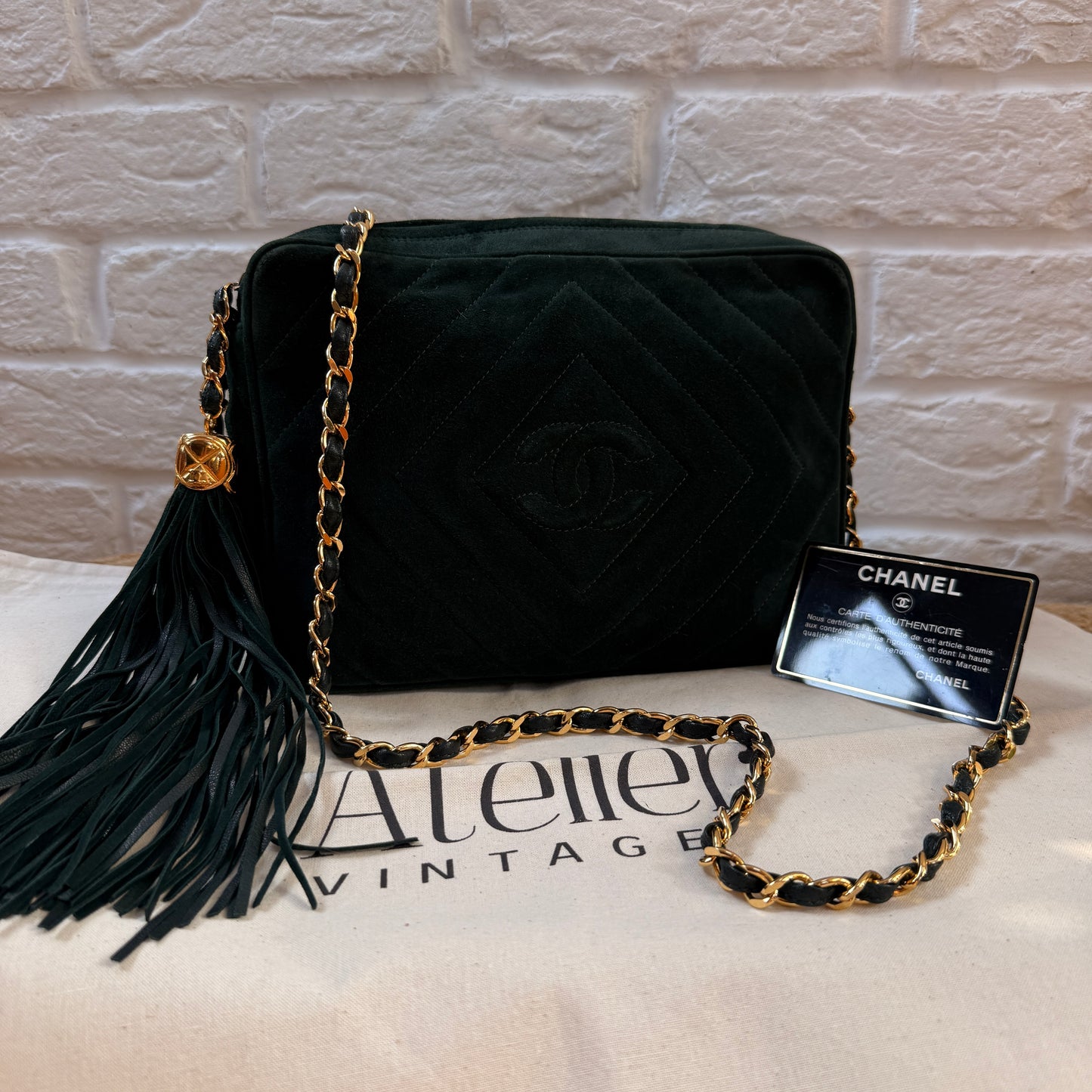 Chanel 1991 Green Suede Camera bag with 24k gold hardware
