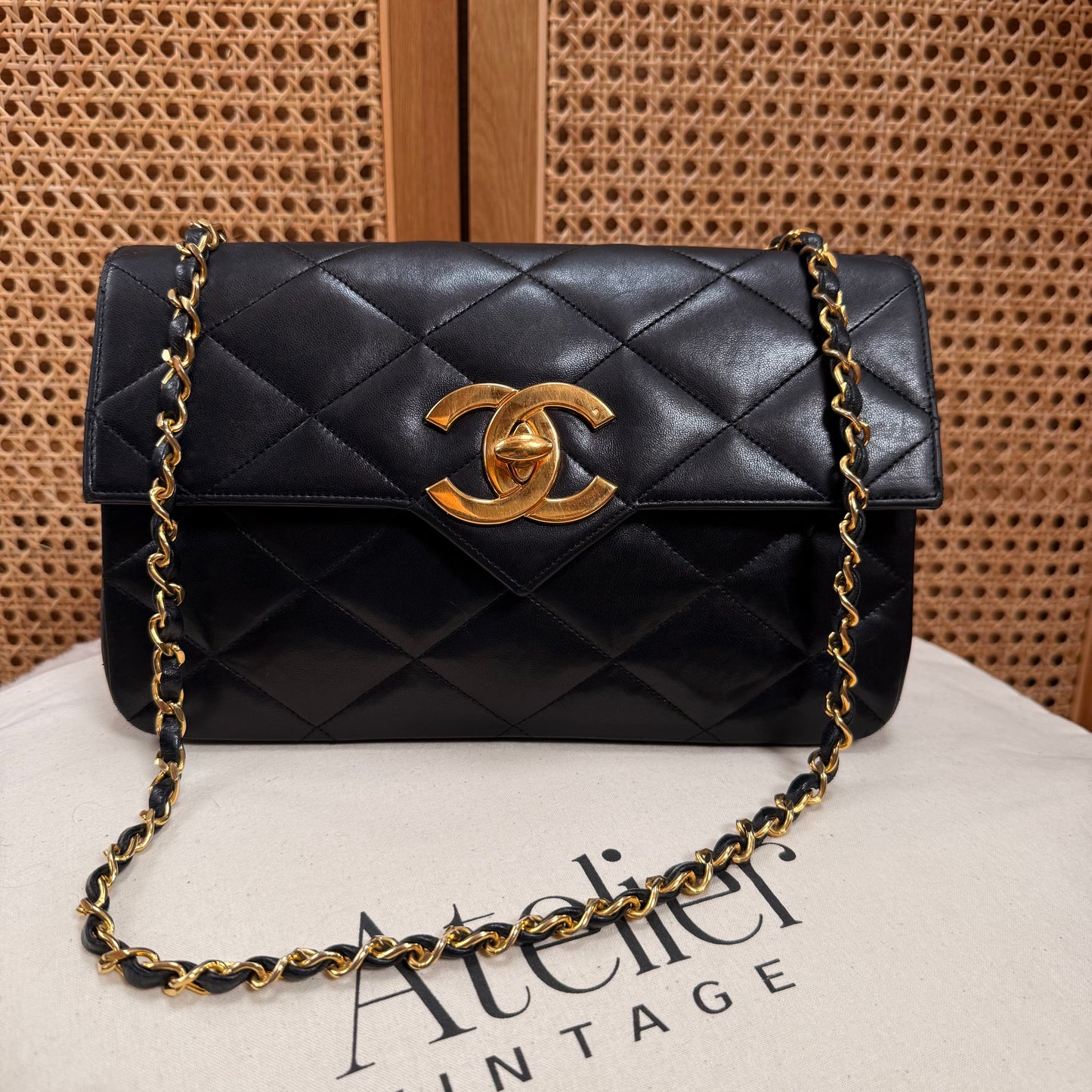 Chanel 1986 Black Limited Edition Jumbo CC Diamond Quilted Single Flap