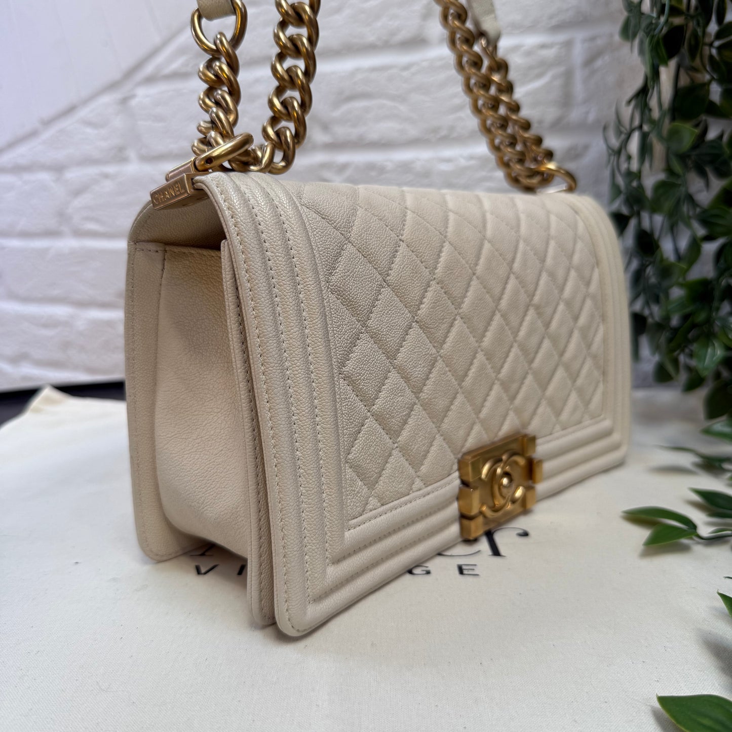 Chanel 2019 Rare Le Boy Ivory Beige Caviar Leather in Diamond Quilt