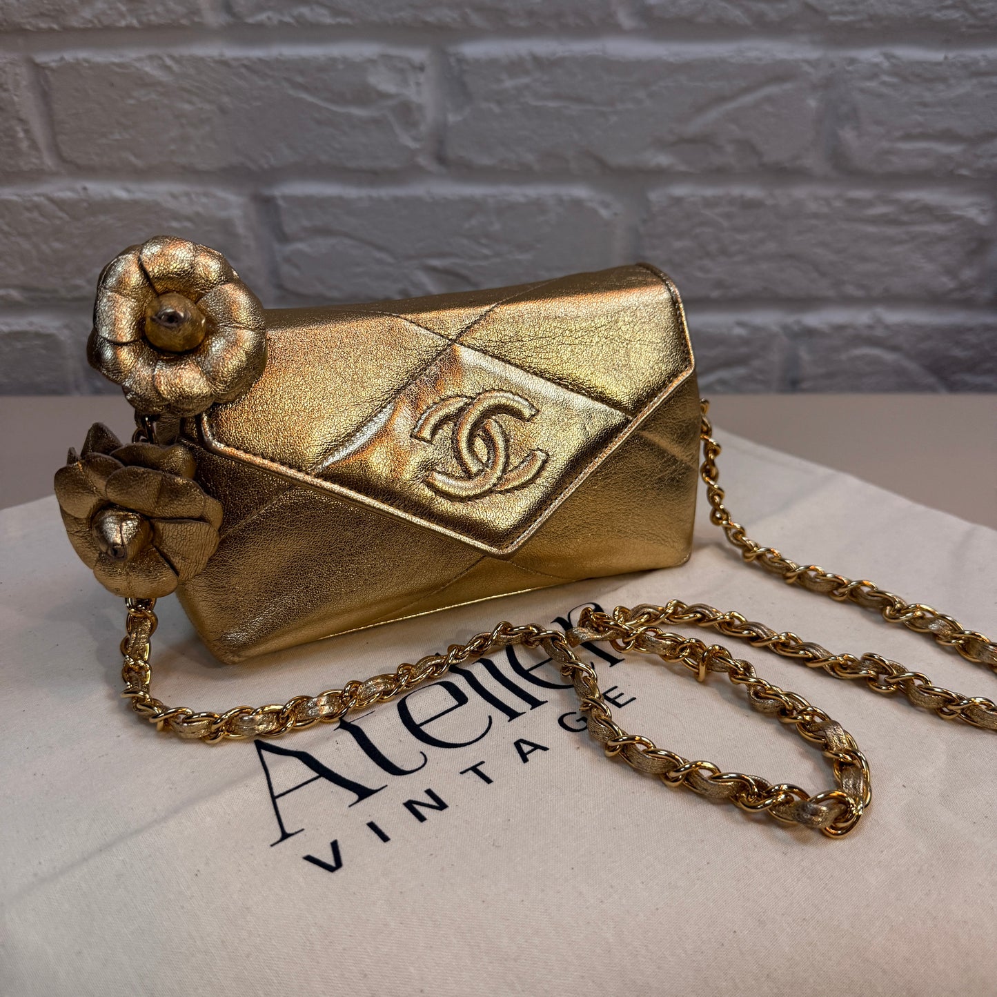 Chanel 1986 Ultra Rare Gold Lambskin Camellia Charm Envelope Flap