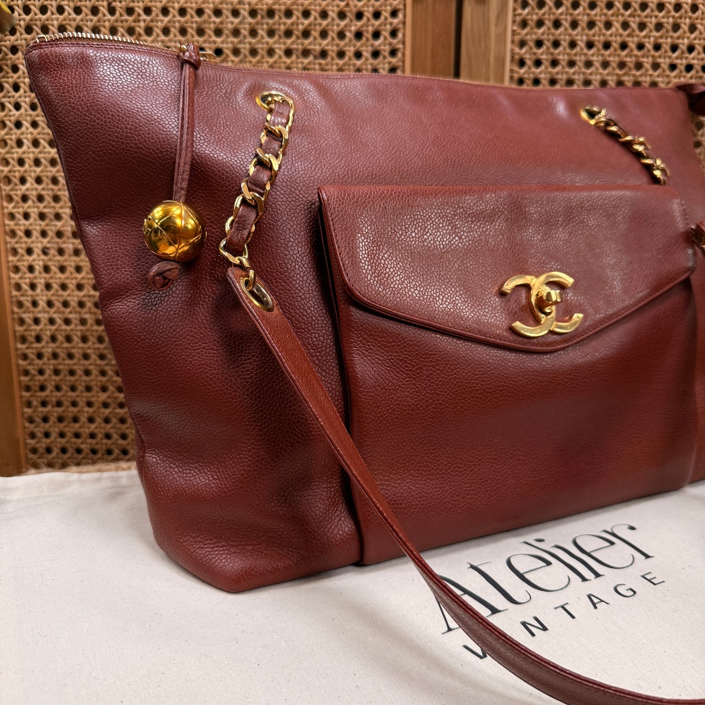 Chanel 1991 Rare Cognac Caviar leather tote with Turnlock front compartment