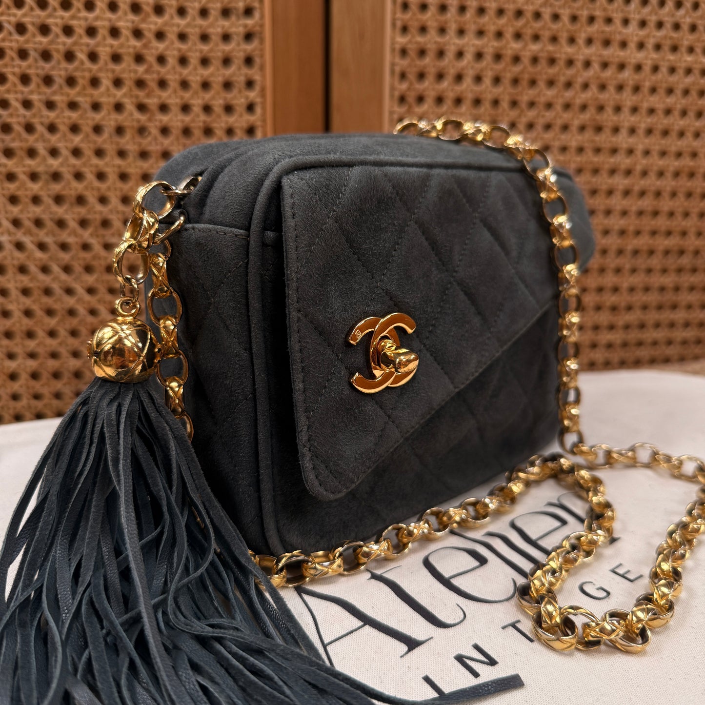 Chanel 1994 rare camera bag with bijoux chain in slate grey suede